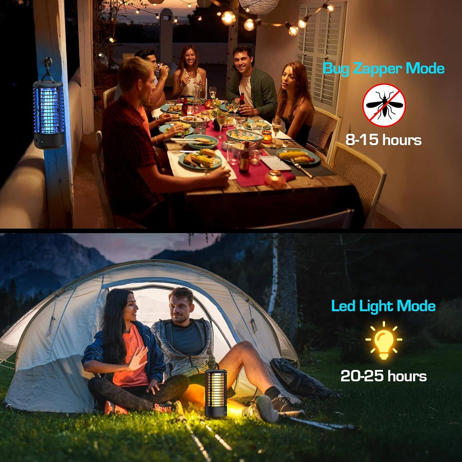 Bug Zapper Mode  
8-15 hours  

Led Light Mode  
20-25 hours