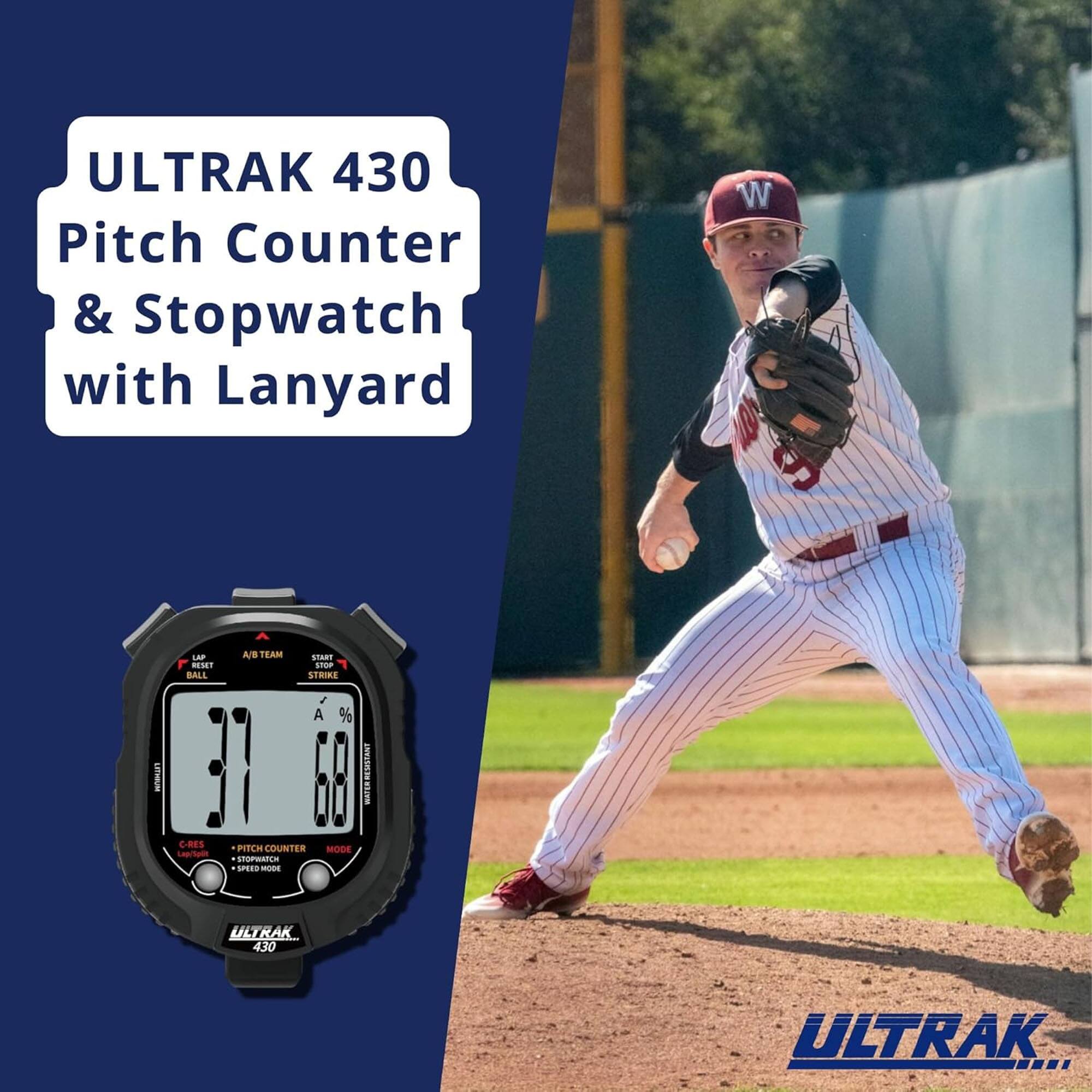 ULTRAK 430 Pitch Counter & Stopwatch with Lanyard

- LAP MT BALL
- C-RES
- Lartom A/B TEAM
- START
- STRIKE
- A %
- 5 REWSANT
- nicve
- PITCH COUNTER MODE
- SPIO
- ULTRAK 430