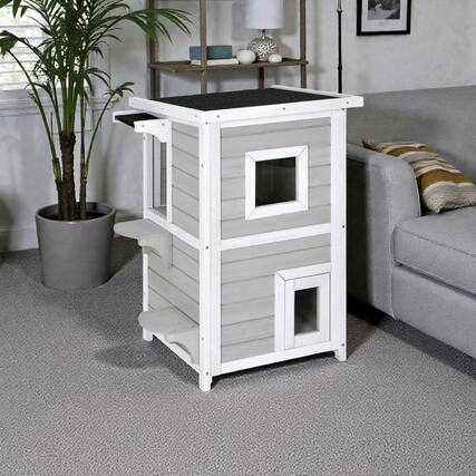 Front. BreeBe - Two-Tier Wood Cat House with Rain-Resistant Design and Safety Exit.