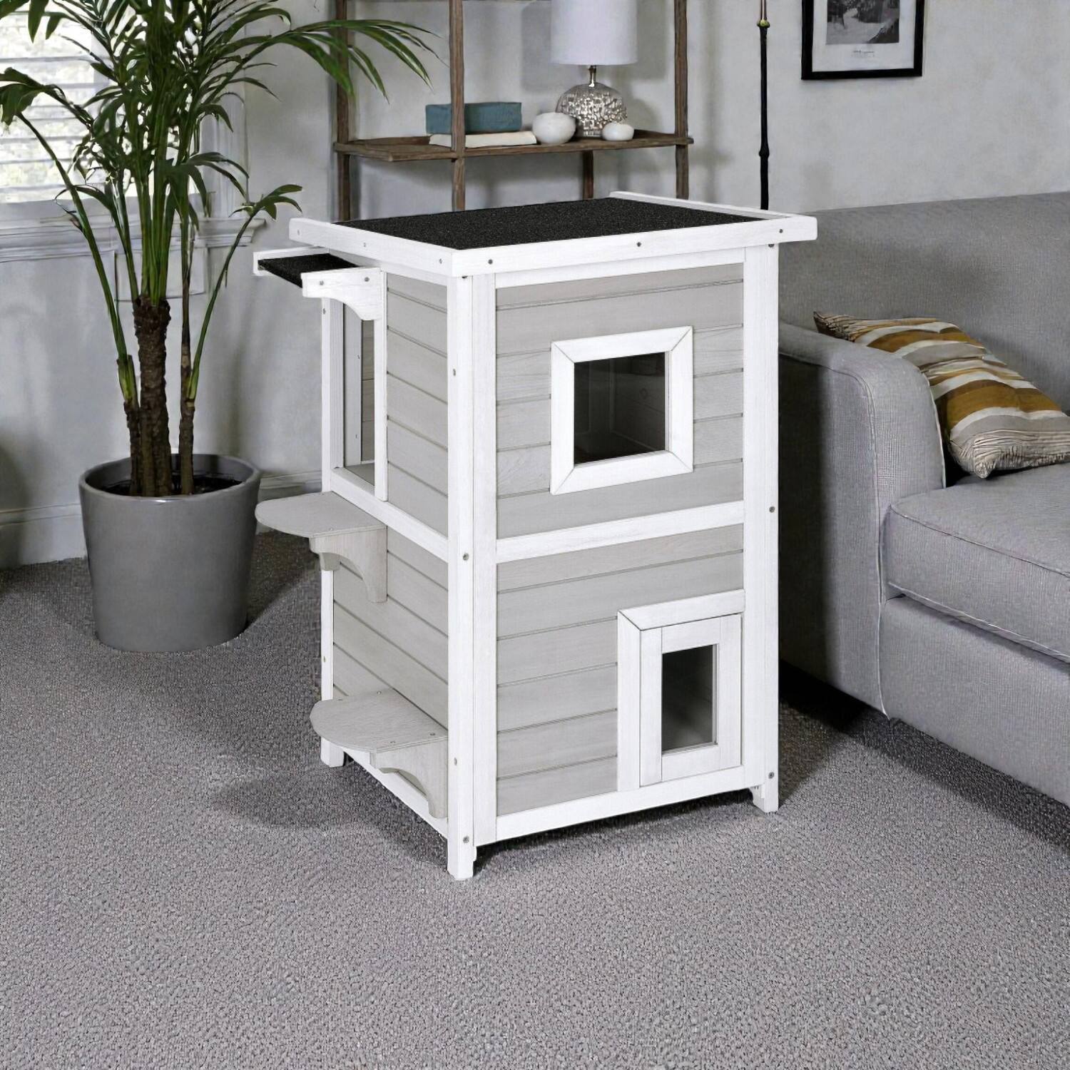 Front. BreeBe - Two-Tier Wood Cat House with Rain-Resistant Design and Safety Exit.