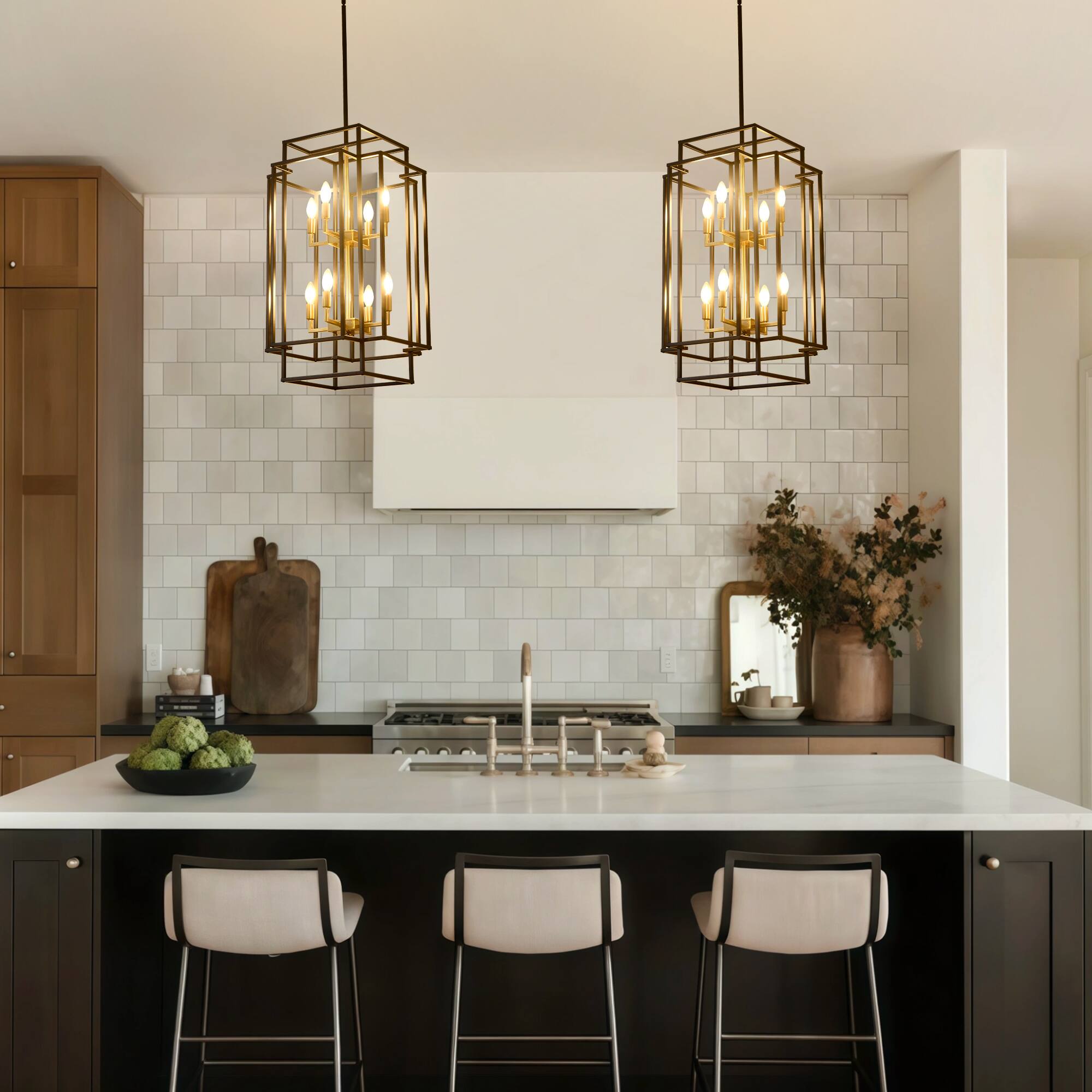 Left. RYHNUYNE - 8-Light Lantern Tiered Pendant Light Fixtures,Black Farmhouse Chandelier for Kitchen Island,Dining Room Light Fixture Ov - Black.