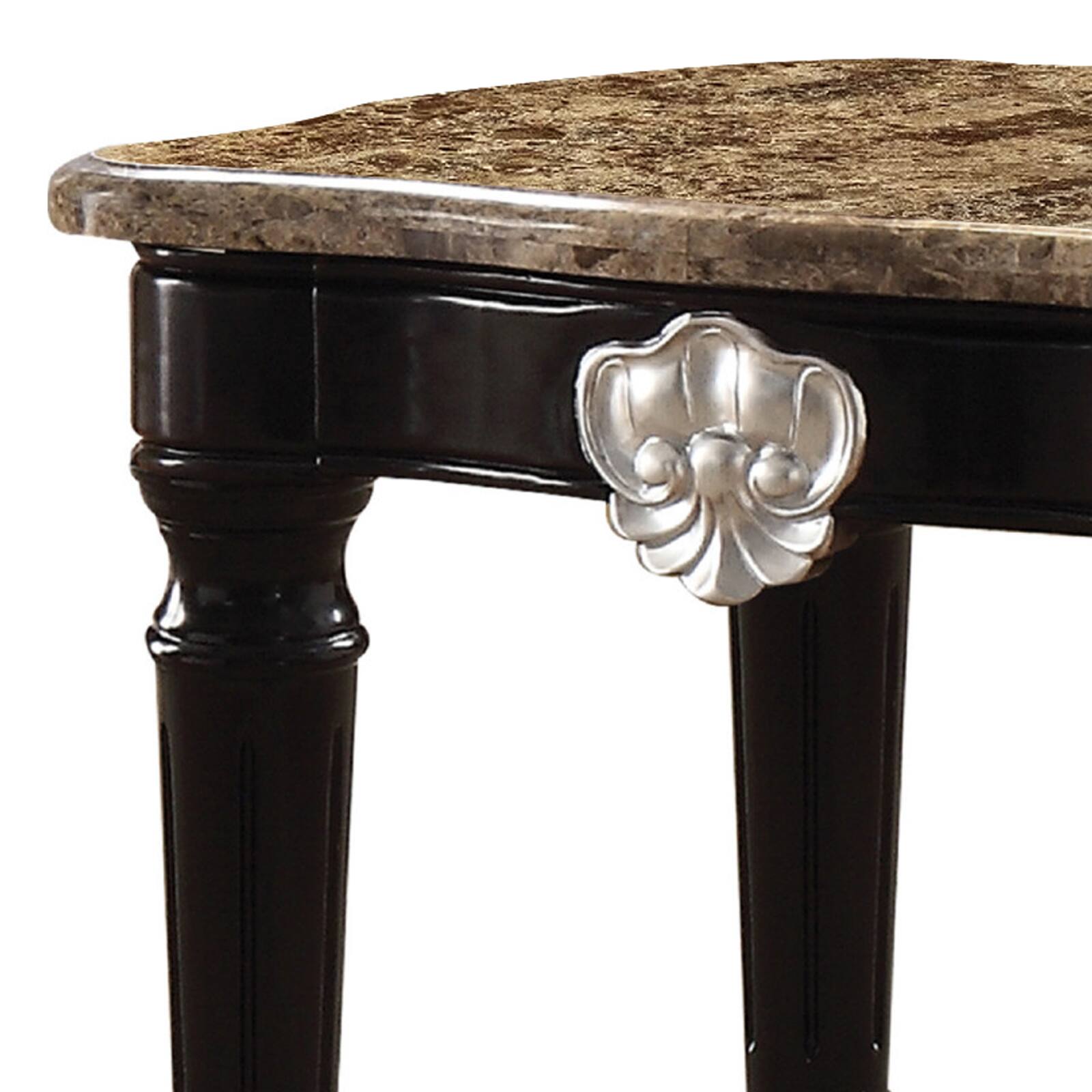 Alt View 1. Manhattan Lane - Marble Top End Table With Contrast Carved Motif Turned Wood Legs - Black.