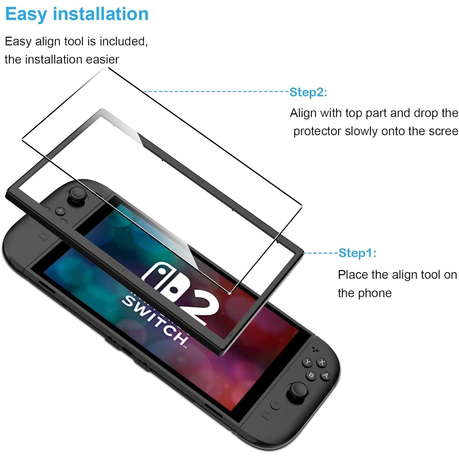 Easy installation

Easy align tool is included, the installation easier

Step1: Place the align tool on the phone

Step2: Align with top part and drop the protector slowly onto the screen