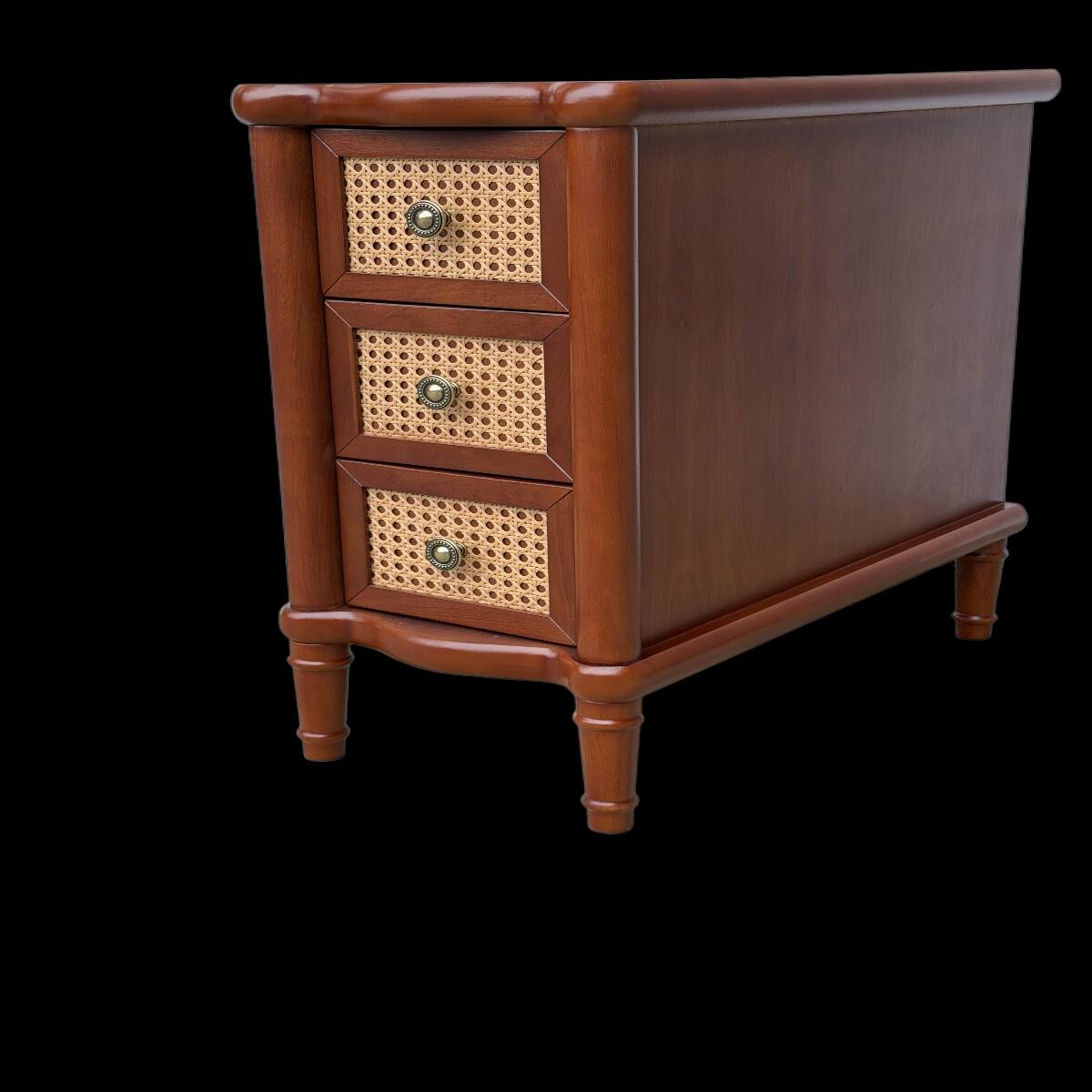 Alt View 2. Loheer - Loheer Rattan Nightstand with Three Drawers, Narrow Walnut Bedside Table - Walnut.