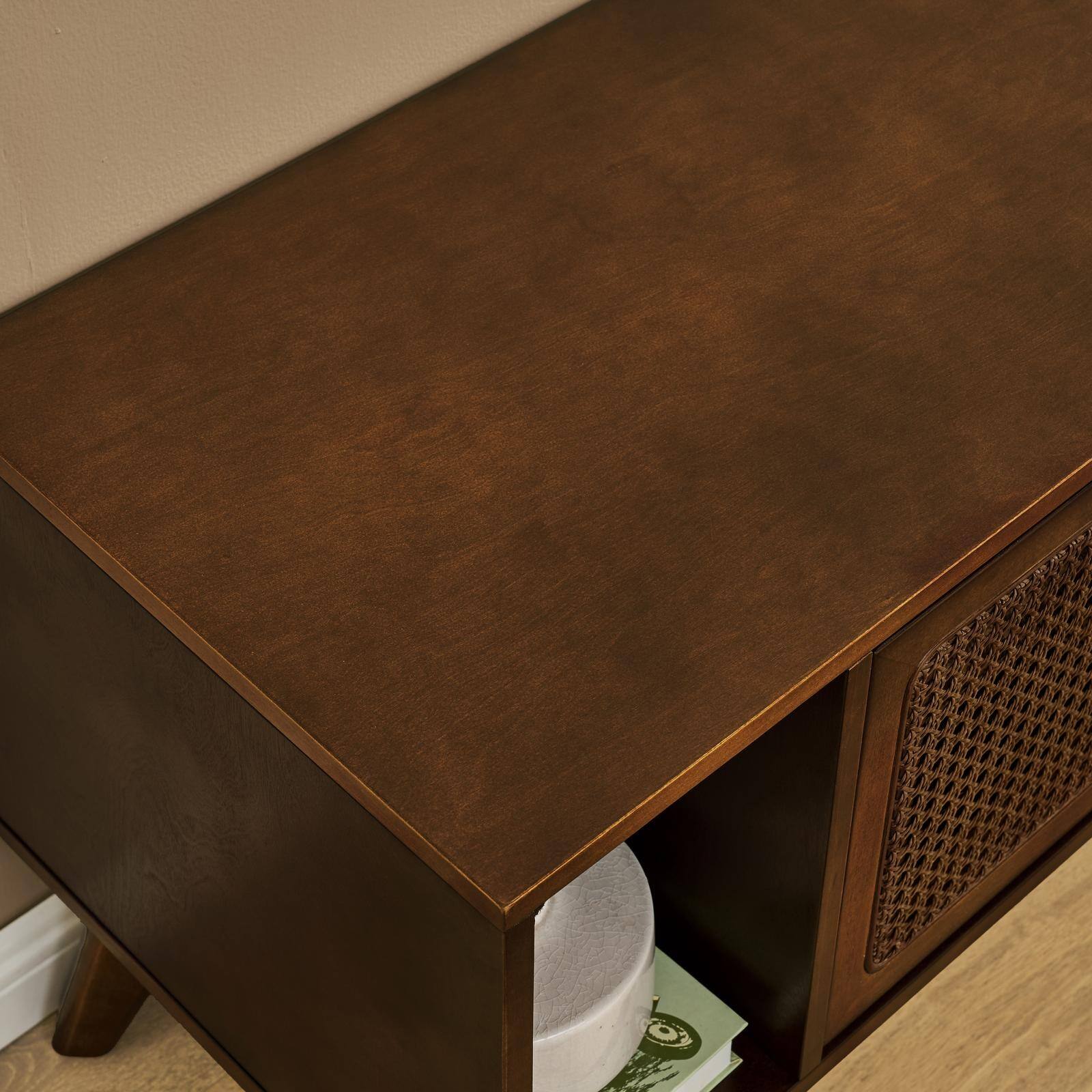 Alt View 2. Spaco - Spaco 67.9 Inch Mid Century Rattan TV Stand for 75" TVs, Solid Wood Feet Media Console, Walnut for Living Room - Walnut Brown.