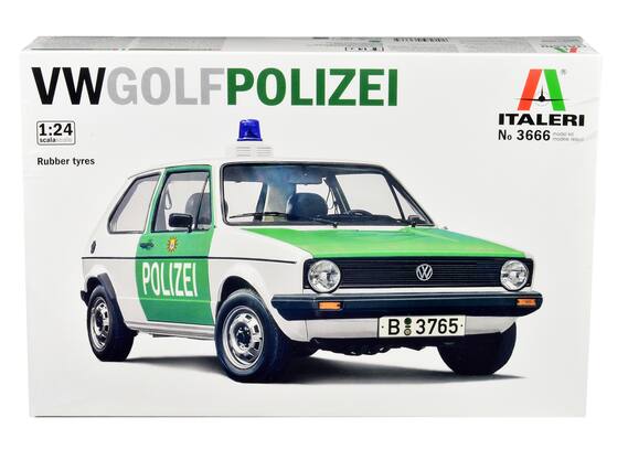 VW GOLF POLIZEI
1:24 scale
Rubber tyres
ITALERI
No 3666 model kit
modèle réduit
B 3765