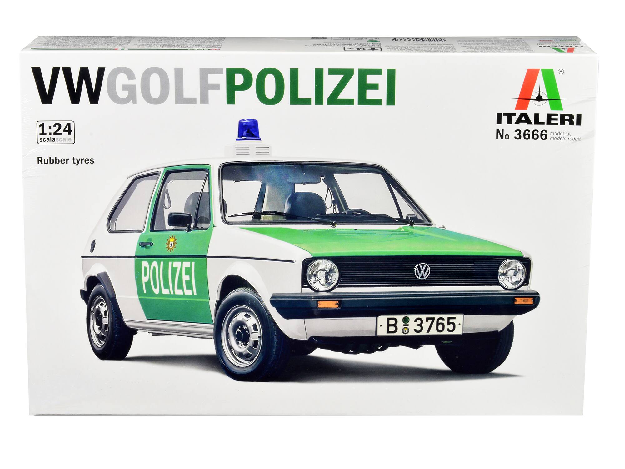 VW GOLF POLIZEI  
1:24 scale  
Rubber tyres  

ITALERI  
No 3666 model kit  
modèle réduit  

B 3765