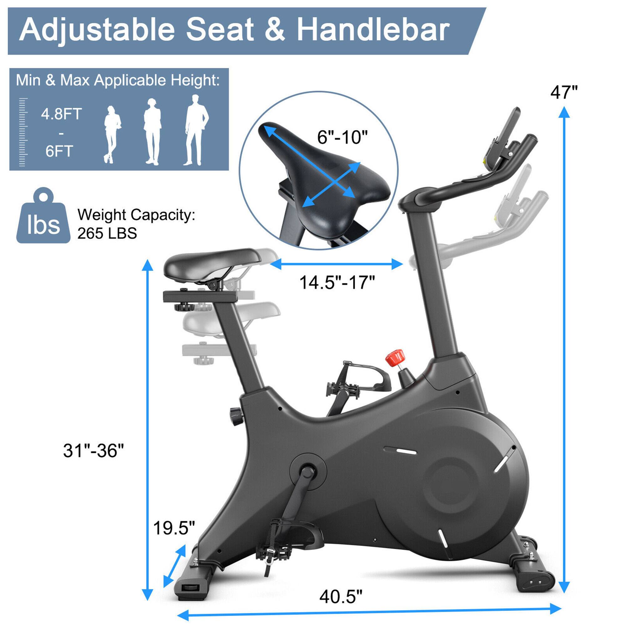 Adjustable Seat & Handlebar: Min & Max Applicable Height: 4.8FT - 6FT (6"-10" 47" Weight Capacity: 265 LBS (14.5"-17" y 31"-36" 19.5" 40.5")