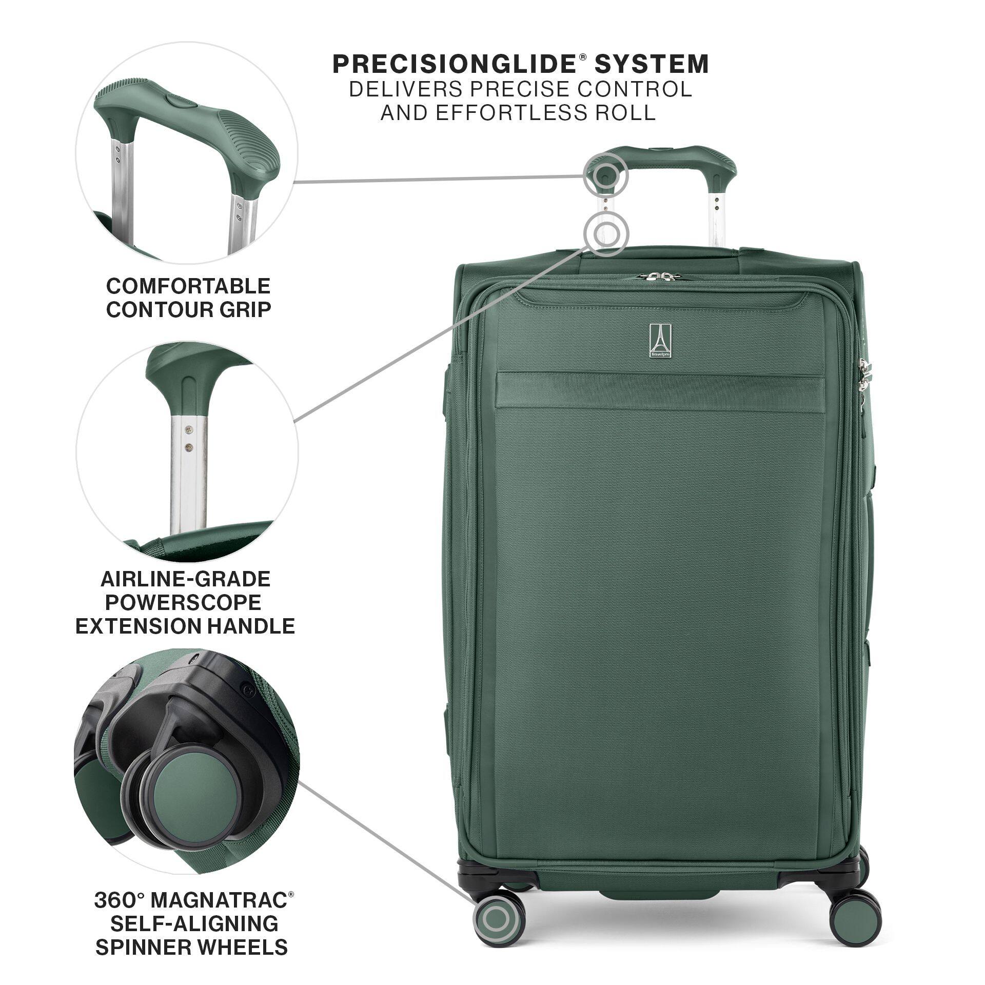 PRECISIONGLIDE® SYSTEM DELIVERS PRECISE CONTROL AND EFFORTLESS ROLL

COMFORTABLE CONTOUR GRIP

AIRLINE-GRADE POWERSCOPE EXTENSION HANDLE

360° MAGNATRAC® SELF-ALIGNING SPINNER WHEELS