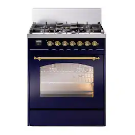 ILVE - Nostalgie II Series 30 in. Dual Fuel Range with 5 Sealed Burners (Natural Gas, Brass Trim) - Midnight Blue