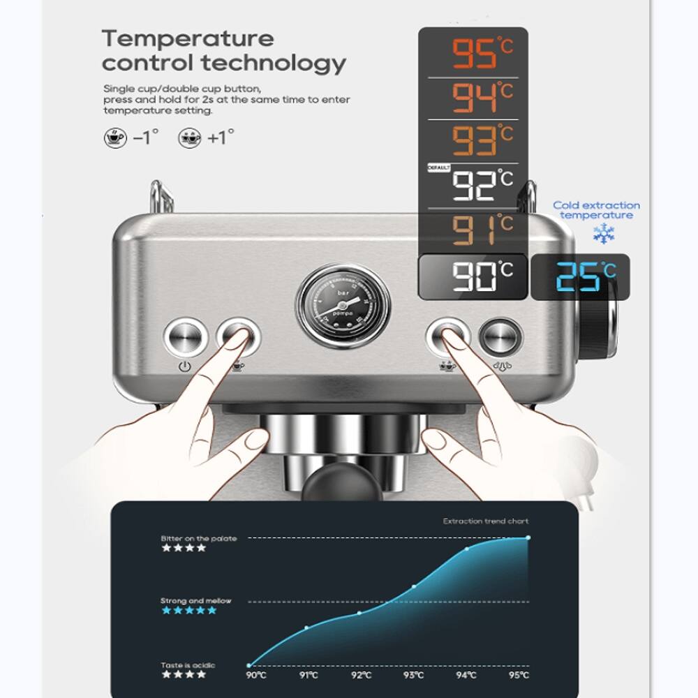 Temperature control technology  
Single cup/double cup button, press and hold for 2s at the same time to enter temperature setting.  
-1° +1°  
95°C  
94°C  
93°C  
92°C  
91°C  
90°C  
Cold extraction temperature 25°C  
Extraction trend chart  
Bitter on the palate  
Strong and mellow  
Taste is acidic  
90°C  
91°C  
92°C  
93°C  
94°C  
95°C