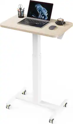 Marsail - Mobile Standing Desk, Pneumatic Height Adjustable Rolling Laptop Cart, Sit Stand Workstation with Locking 360° Casters - Natural