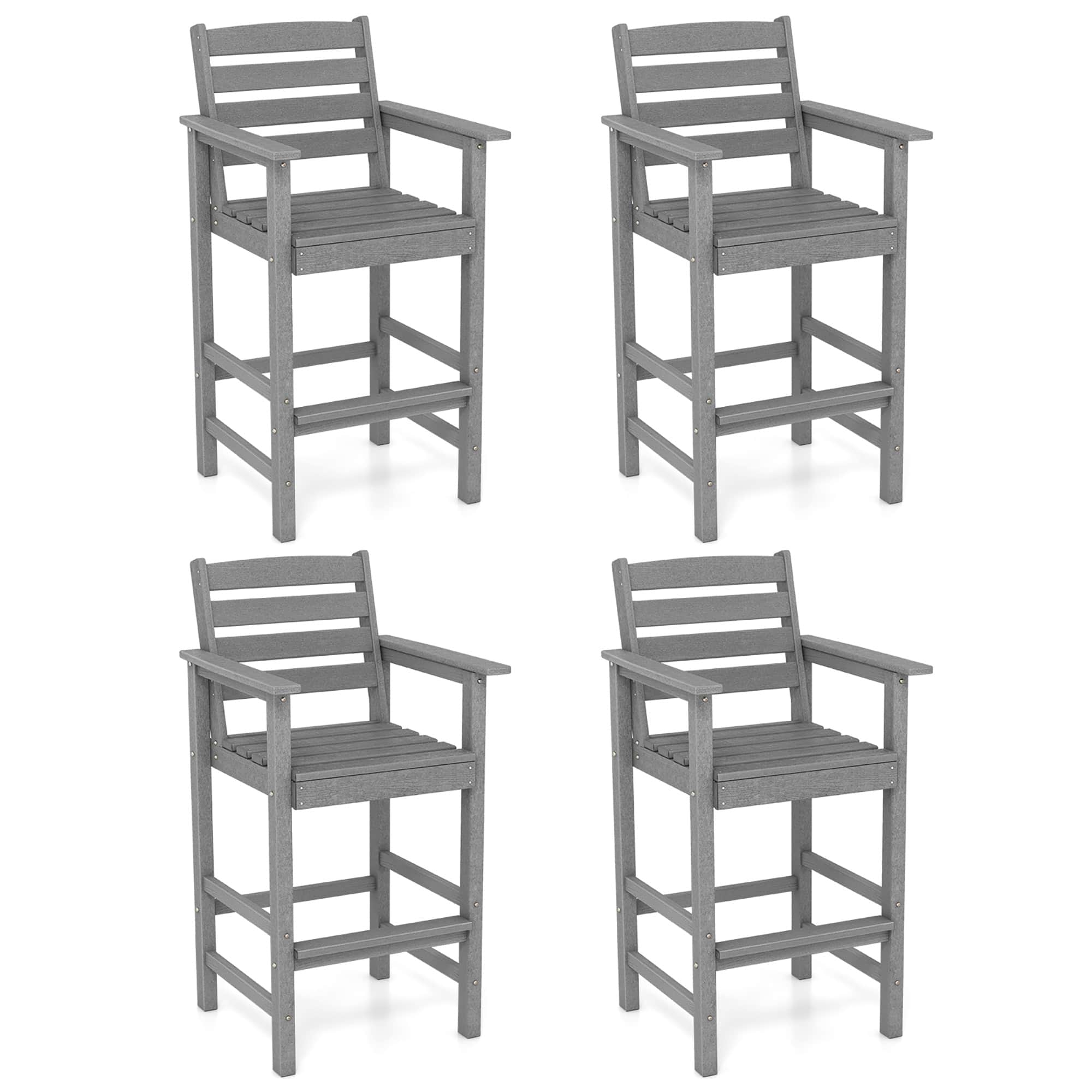 Gymax - Patio Bar Stools Set of 4 Tall Adirondack Chair w/ Backrest Armrests & Footrests - Gray