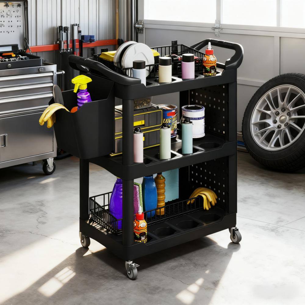 HOMLUX - 39.00 in. W 3-Tier Rolling Tool Cart Capacity Plastic Utility Cart with Side Shelf and Storage Bucket - Black