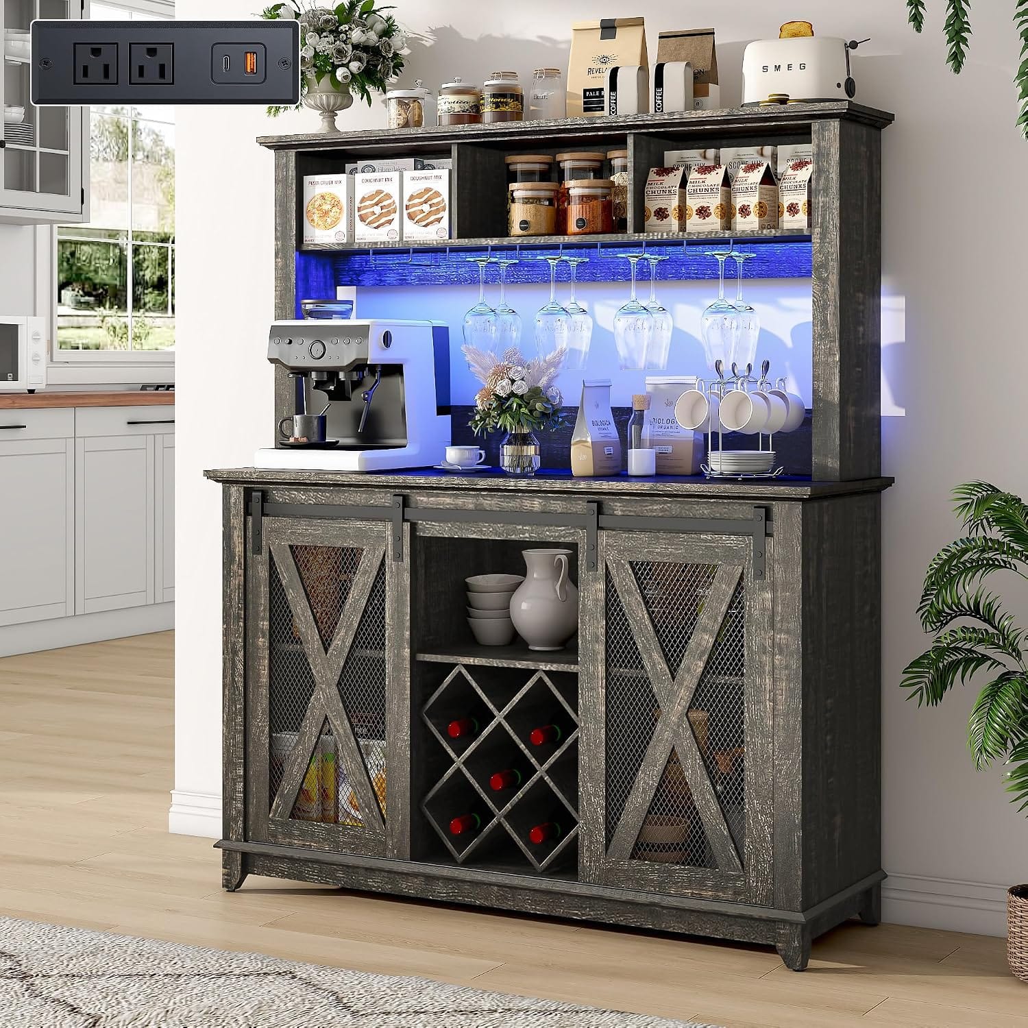 Espafurni - 47"W x 56"H Farmhouse Coffee Bar Cabinet with Power Outlet, LED Light & Wine Rack - Dark Oak