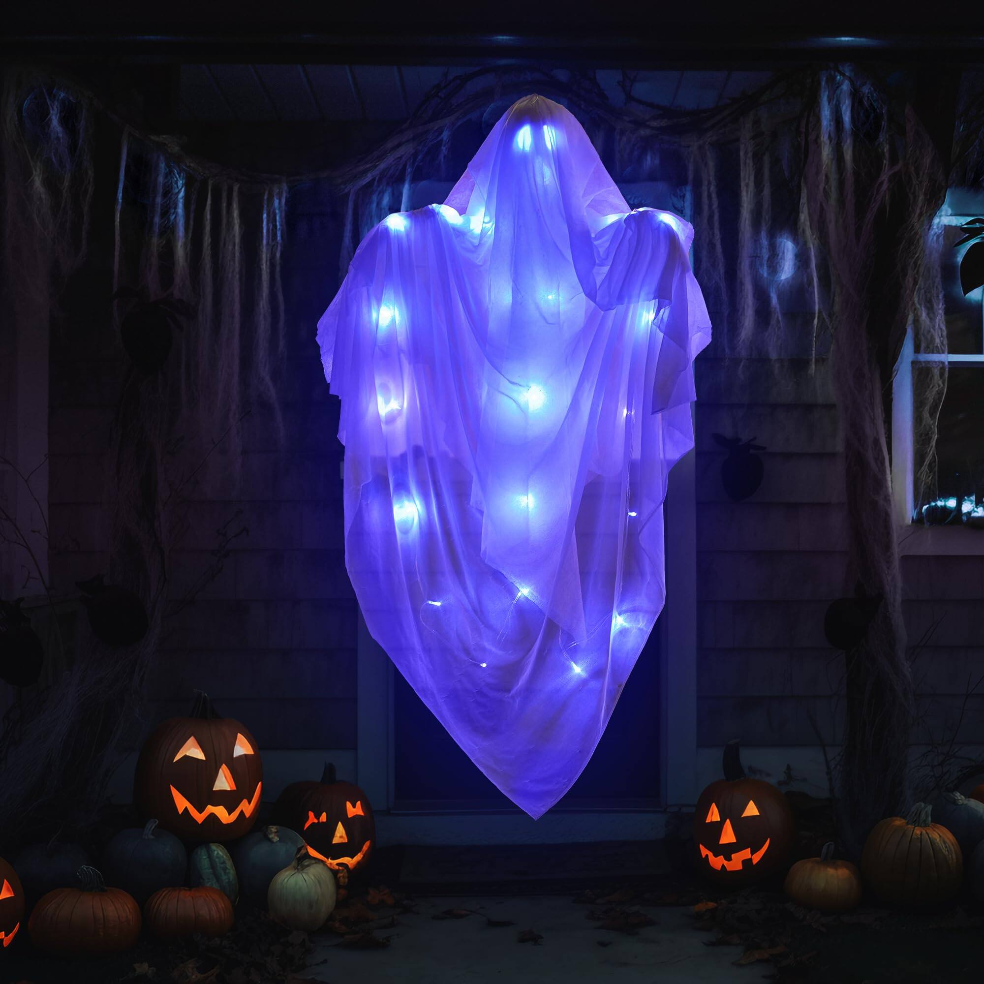 Angle. Joyfy - 63" Light-Up Hanging Ghost for Halloween – Blue Glowing Flying Ghost Prop for Indoor/Outdoor, Yard, Tree, Patio & Lawn - white.