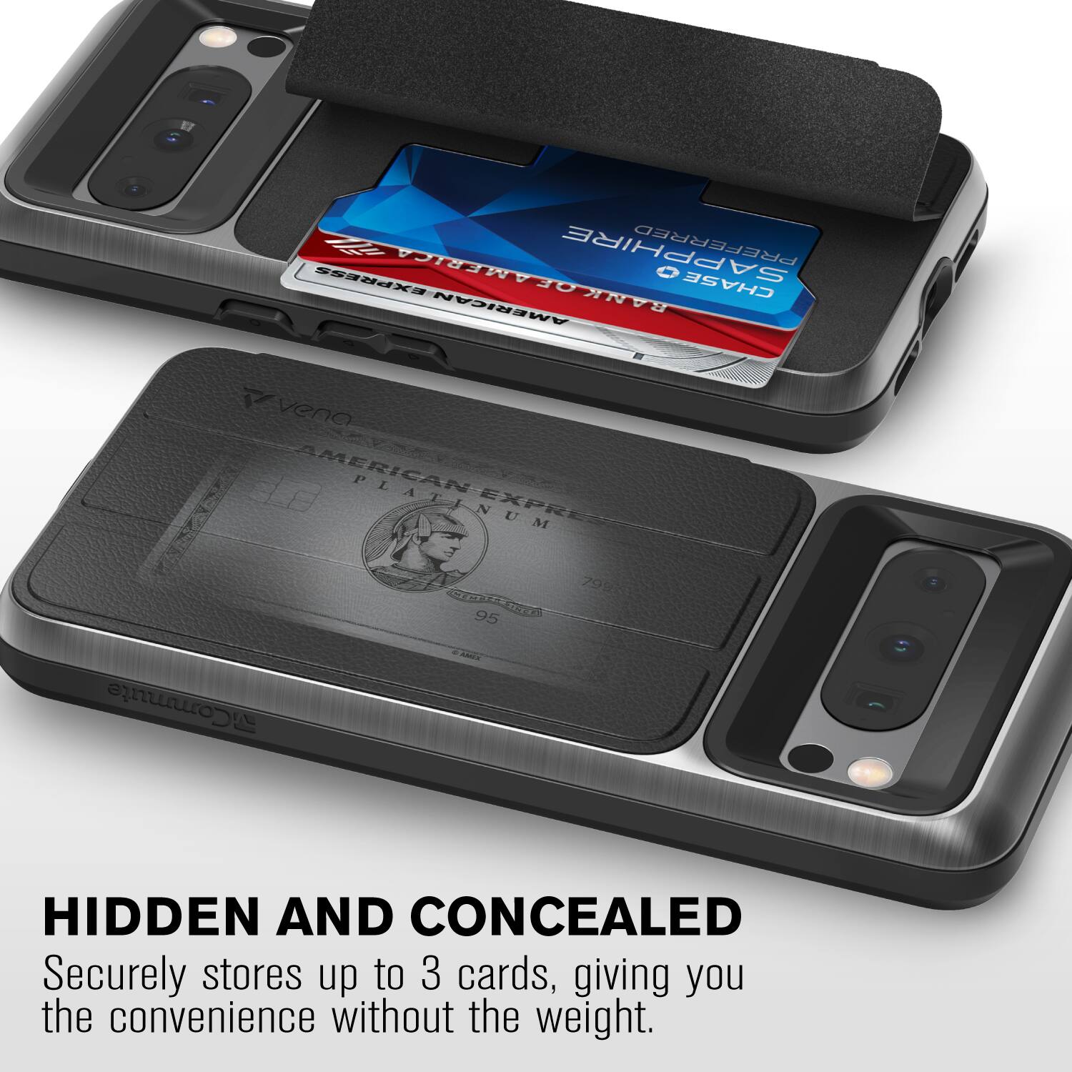 AMERICA PREFERRED EXPRESS BANK OF AMERICA AMERICAN BANK OF CHASE vena AMERICAN PLATINUM EXPRESS 95 2 799 Commute A HIDDEN AND CONCEALED Securely stores up to 3 cards, giving you the convenience without the weight.