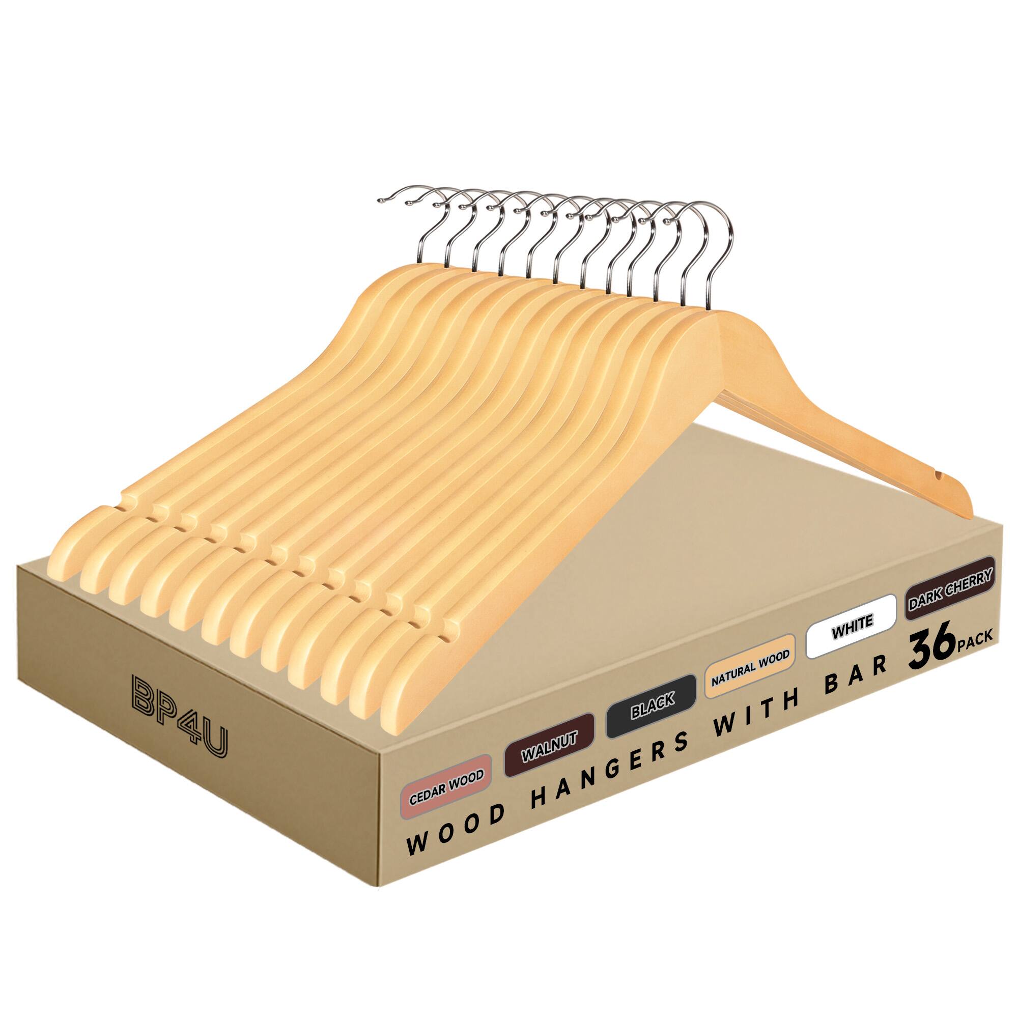 BP4U  
WOOD HANGERS WITH BAR  
36 PACK  
CEDAR WOOD  
NATURAL WOOD  
BLACK  
WHITE  
DARK CHERRY  
WALNUT