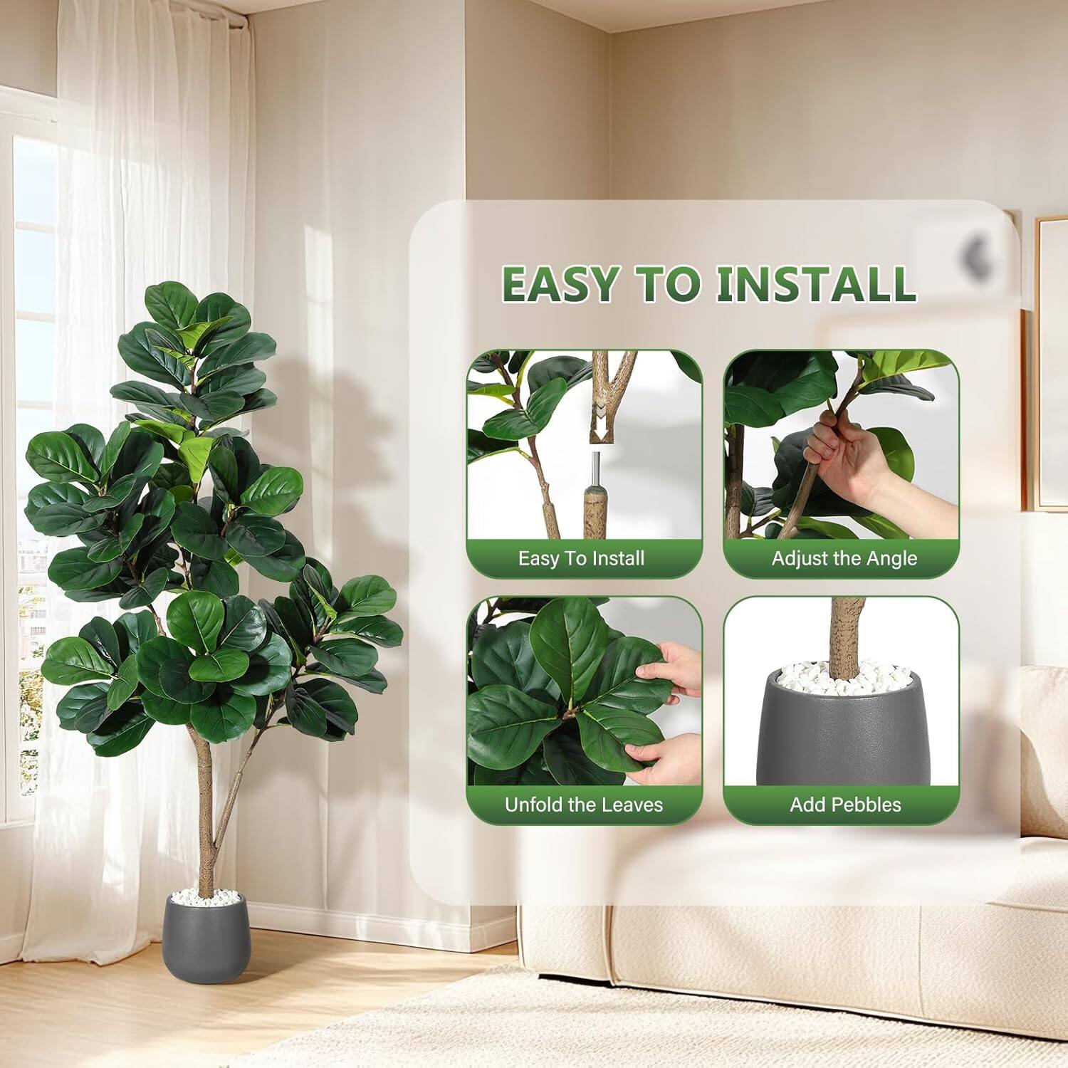 EASY TO INSTALL

- Easy To Install
- Adjust the Angle
- Unfold the Leaves
- Add Pebbles