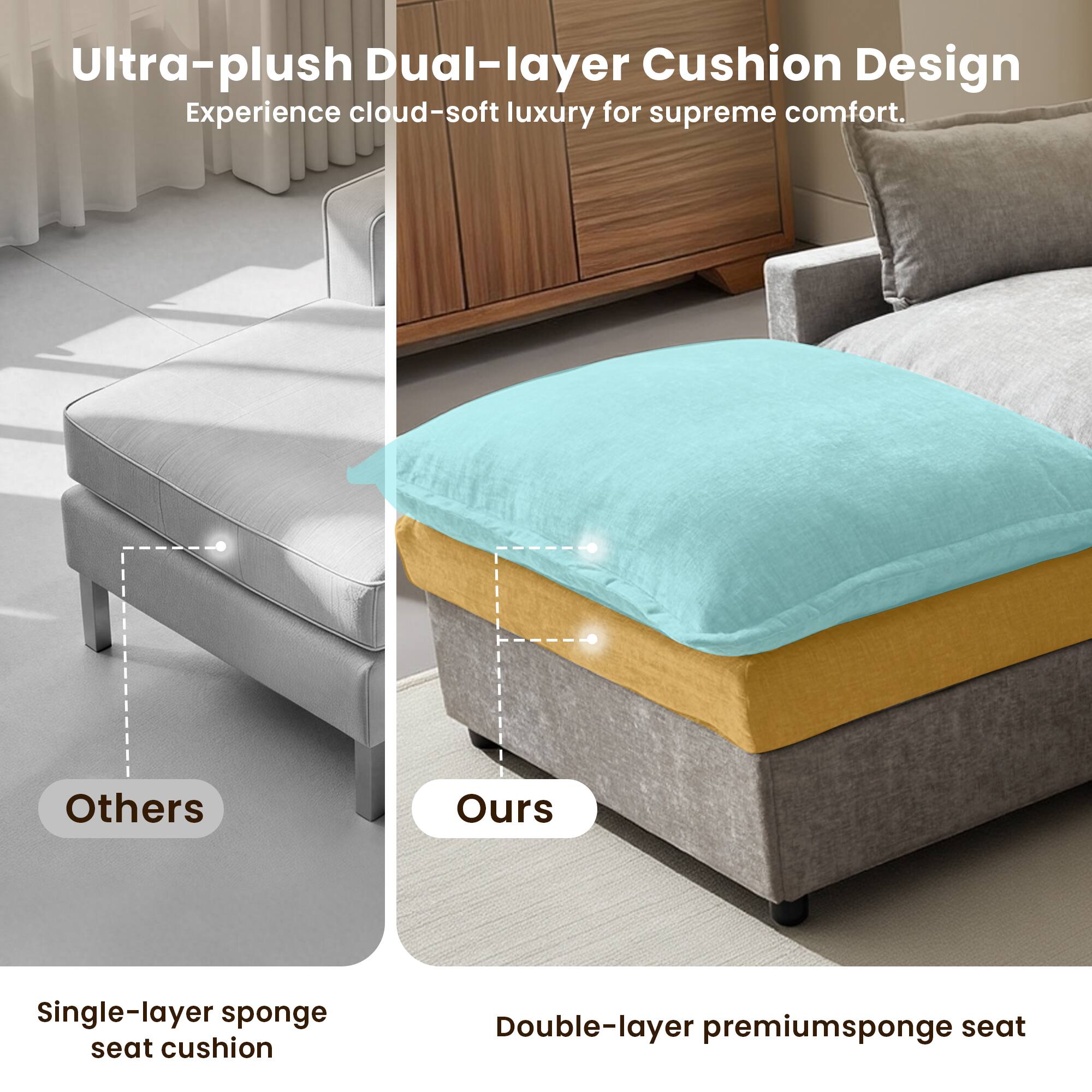 Ultra-plush Dual-layer Cushion Design  
Experience cloud-soft luxury for supreme comfort.

Others  
Single-layer sponge seat cushion

Ours  
Double-layer premium sponge seat