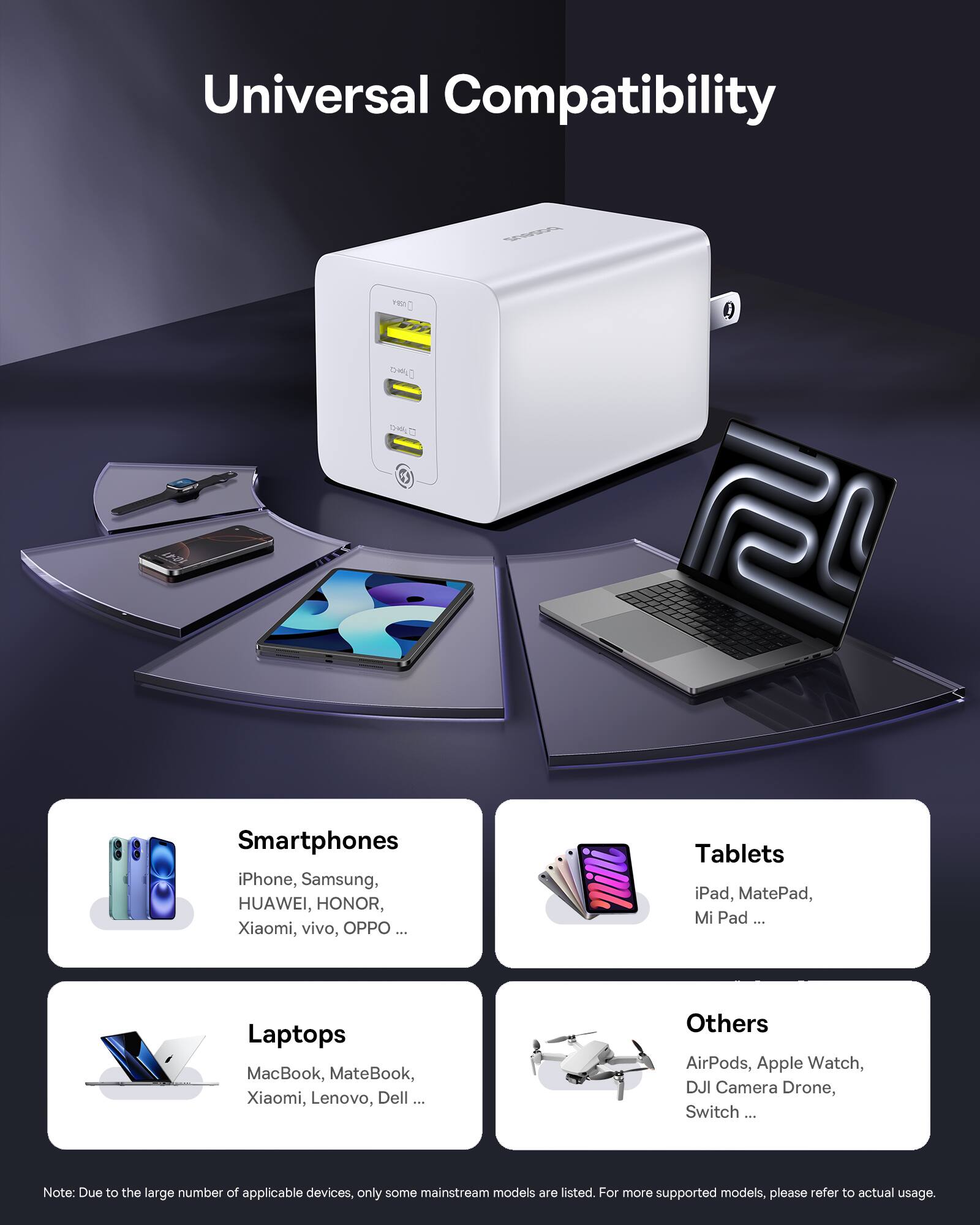 Universal Compatibility

Smartphones
- iPhone
- Samsung
- HUAWEI
- HONOR
- Xiaomi
- vivo
- OPPO ...

Tablets
- iPad
- MatePad
- Mi Pad ...

Laptops
- MacBook
- MateBook
- Xiaomi
- Lenovo
- Dell ...

Others
- AirPods
- Apple Watch
- DJI Camera Drone
- Switch ...

Note: Due to the large number of applicable devices, only some mainstream models are listed. For more supported models, please refer to actual usage.