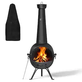 KingChii - Chiminea Outdoor Fireplace – Wooden Fire Pit for Patio and Backyard with Cover - Black