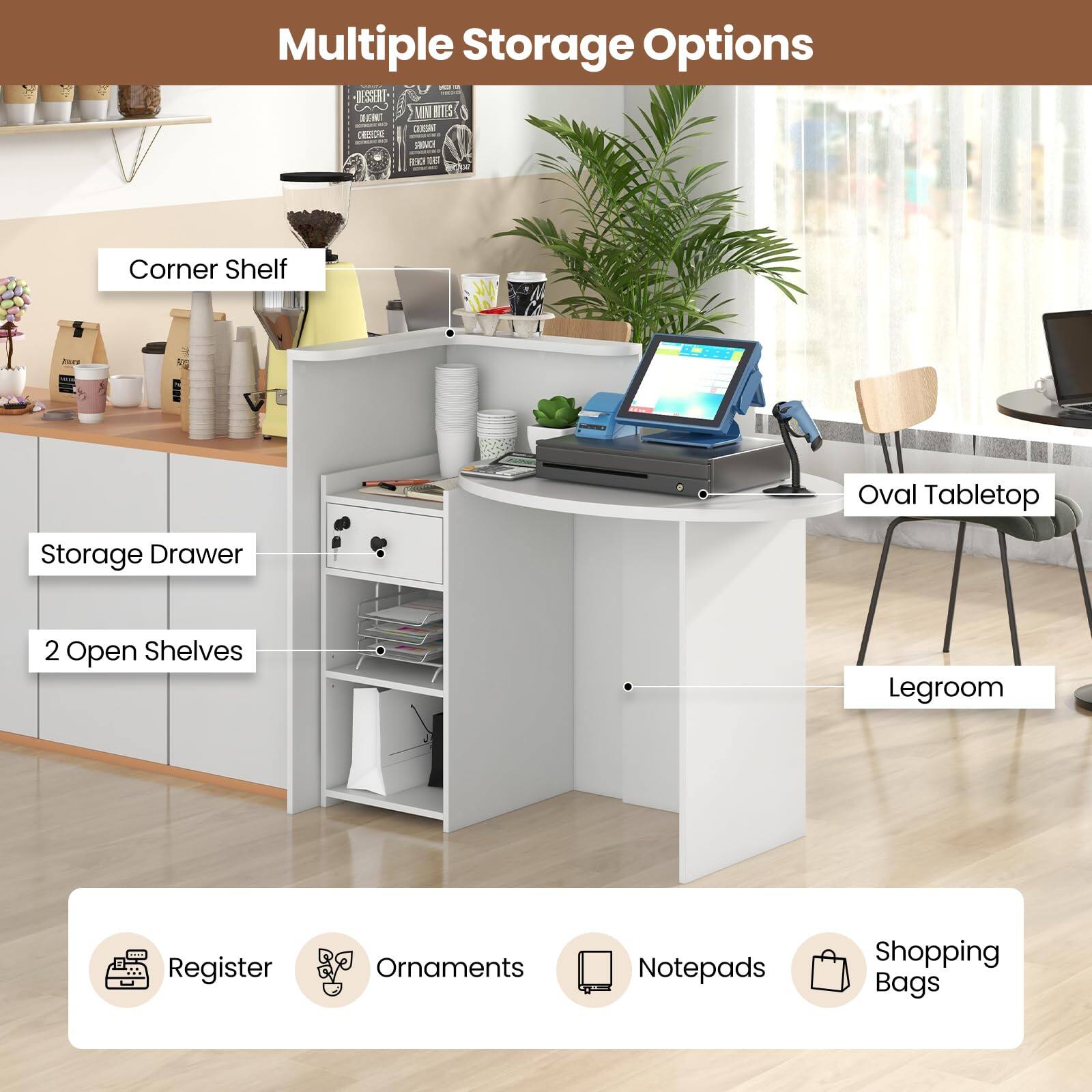 Multiple Storage Options

- Corner Shelf
- Oval Tabletop
- Storage Drawer
- 2 Open Shelves
- Legroom

Register
Ornaments
Notebooks
Shopping Bags