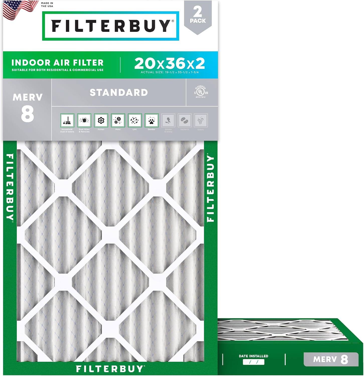 Filterbuy - 20x36x2 MERV 8 Dust & Allergy Defense, Electrostatic Pleated HVAC AC Furnace Air Filters Replacement (2-Pack) - Silver price history on PriceWatchPro