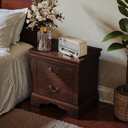 Angle. LUCKY ONE - 22" Assembled Classic Wooden Nightstand 2-Drawer Antique Pulls - Cherry.