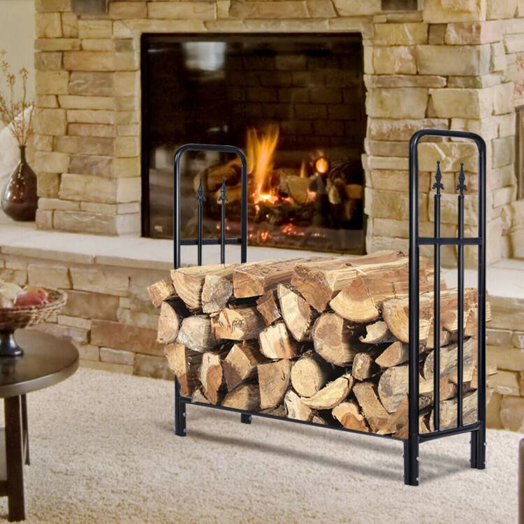 Left. SlickBlue - Outdoor Wood Storage Rack, Heavy Duty Steel Firewood Organizer - Black.