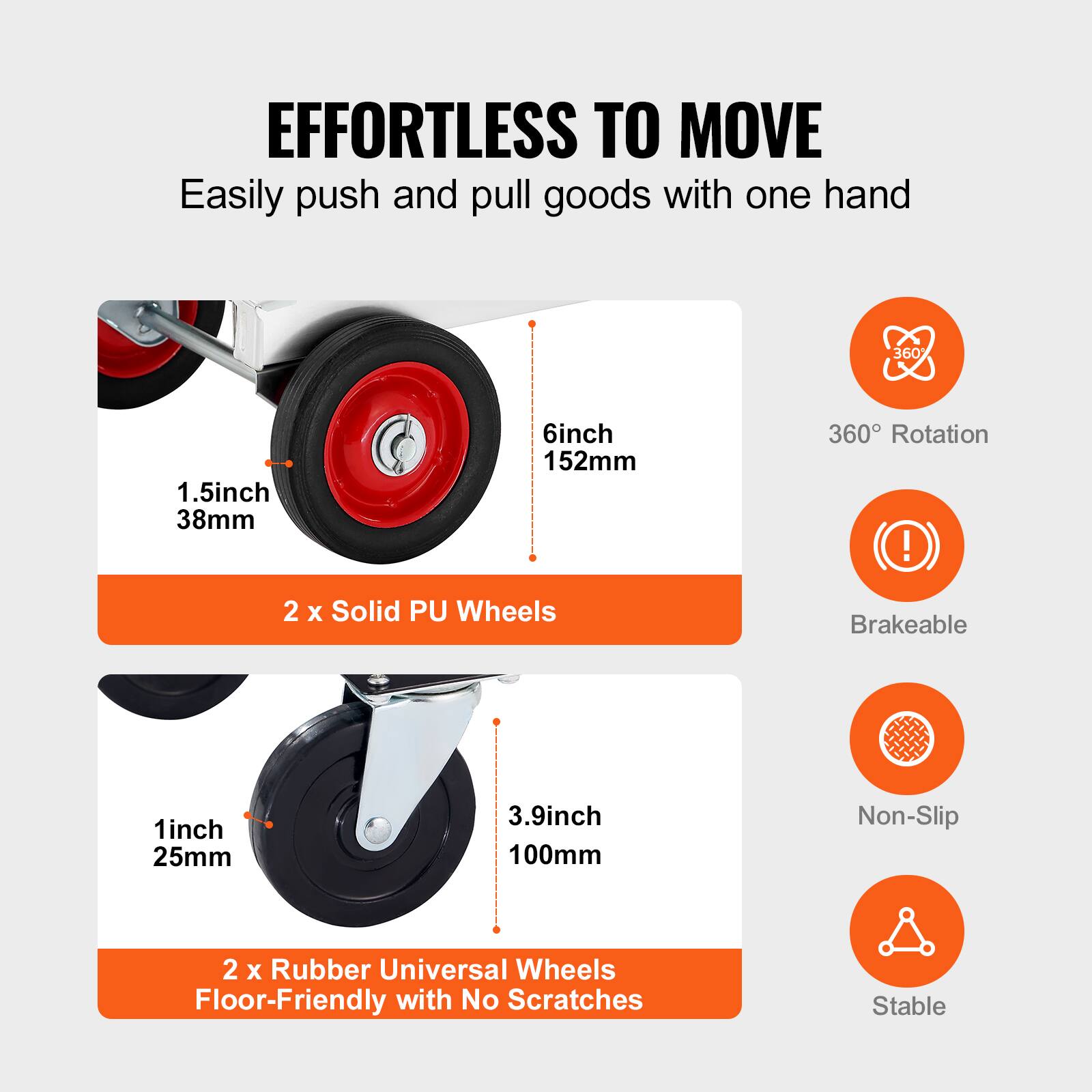 EFFORTLESS TO MOVE  
Easily push and pull goods with one hand  

- 2 x Solid PU Wheels  
  - 1.5 inch / 38 mm  
  - 6 inch / 152 mm  
  - 360° Rotation  
  - Brakeable  

- 2 x Rubber Universal Wheels  
  - 1 inch / 25 mm  
  - 3.9 inch / 100 mm  
  - Floor-Friendly with No Scratches  
  - Non-Slip  
  - Stable