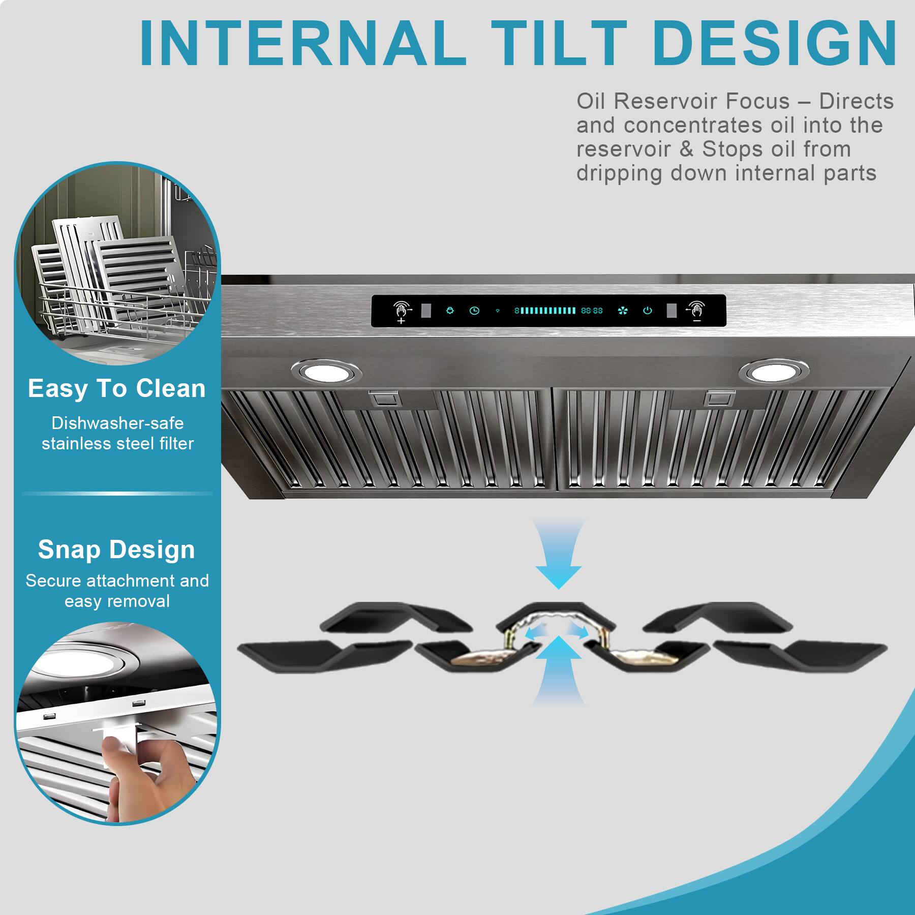 INTERNAL TILT DESIGN

Oil Reservoir Focus – Directs and concentrates oil into the reservoir & Stops oil from dripping down internal parts

Easy To Clean
Dishwasher-safe stainless steel filter

Snap Design
Secure attachment and easy removal