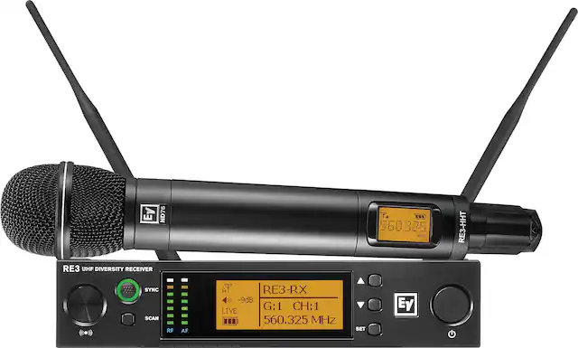 Ey ND76 Y
560.325 MHz
RE3-HHT
RE3 UHF DIVERSITY RECEIVER
SYNC SCAN
RF AF
RE3-RX
-9dB
G:1
CH:1
LIVE
560.325 MHz
SET
Ey E