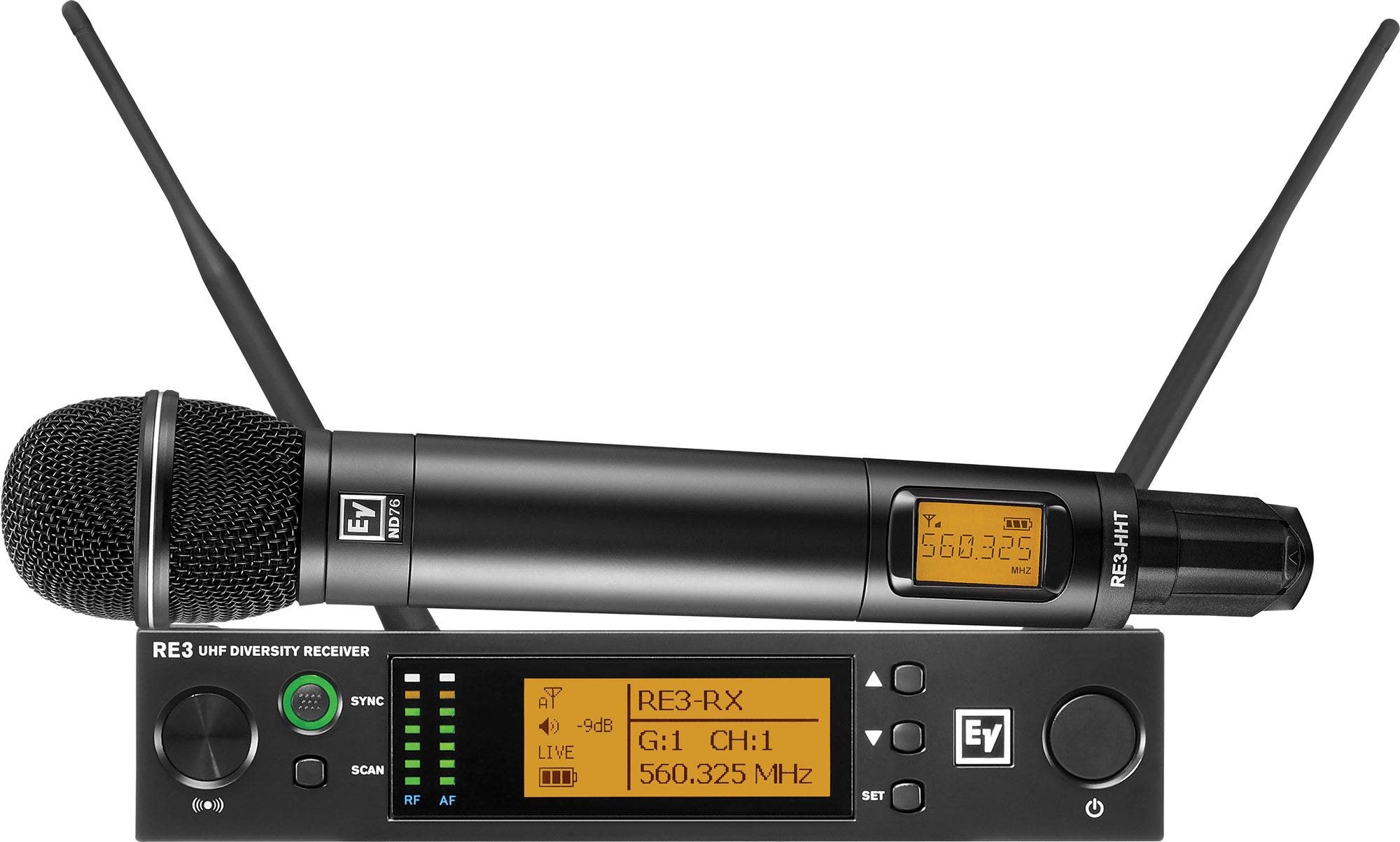 Ey ND76 Y  
560.325 MHz  
RE3-HHT  
RE3 UHF DIVERSITY RECEIVER  
SYNC SCAN  
RF AF  
RE3-RX  
-9dB  
G:1  
CH:1  
LIVE  
560.325 MHz  
SET  
Ey E