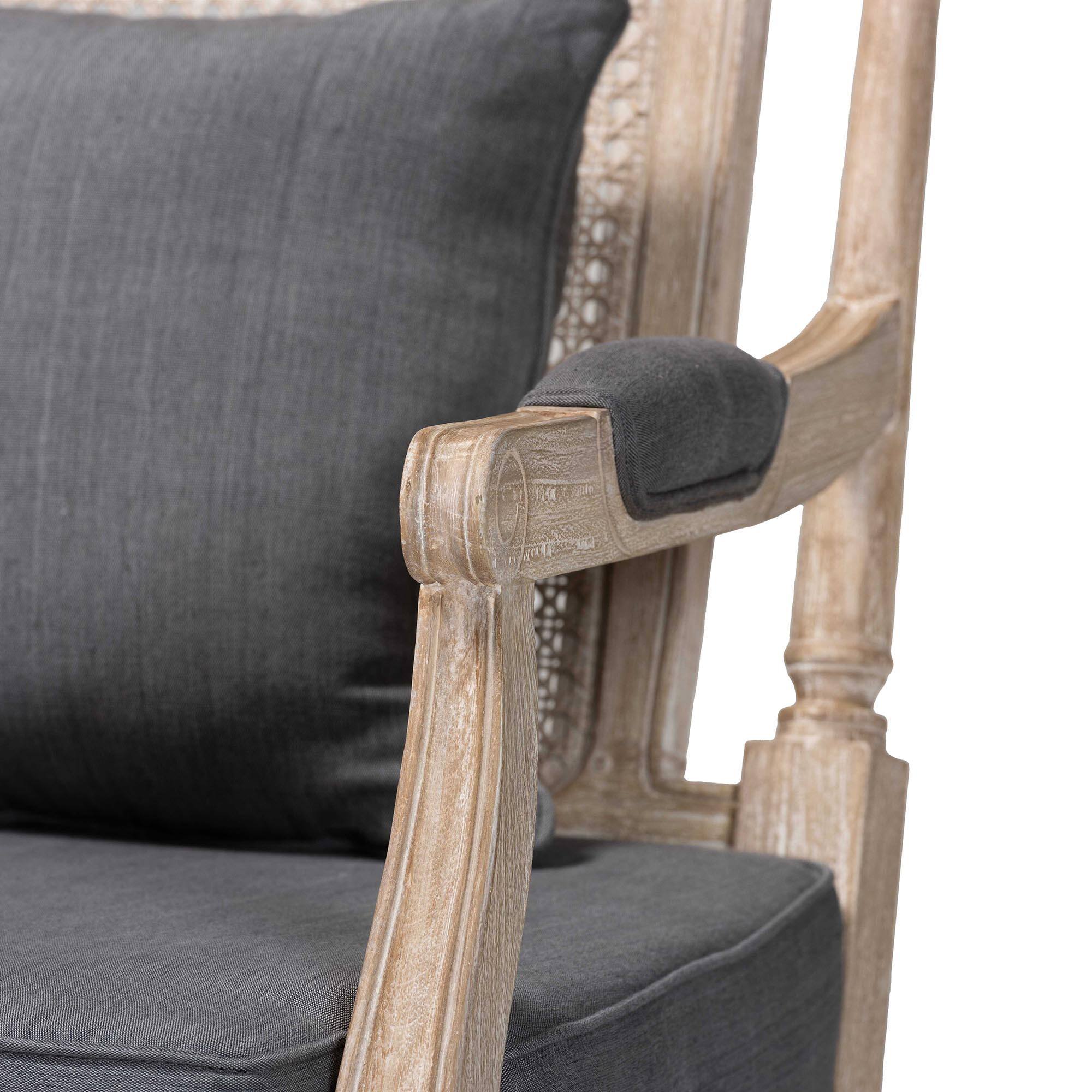 Alt View 1. bali & pari - Clemence French Provincial Fabric Whitewashed Mahogany Wood Armchair - Grey/Whitewashed Brown.