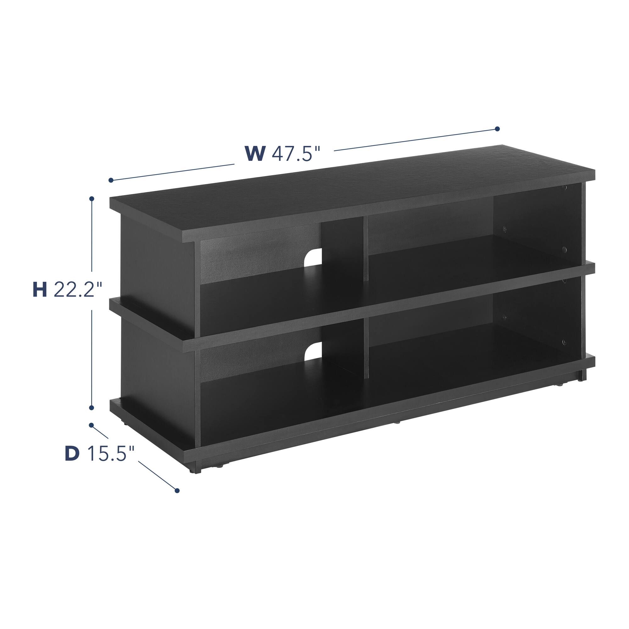 The image shows a black entertainment center with a shelf and a door. The dimensions of the entertainment center are 47.5" wide, 22.2" high, and 15.5" deep.