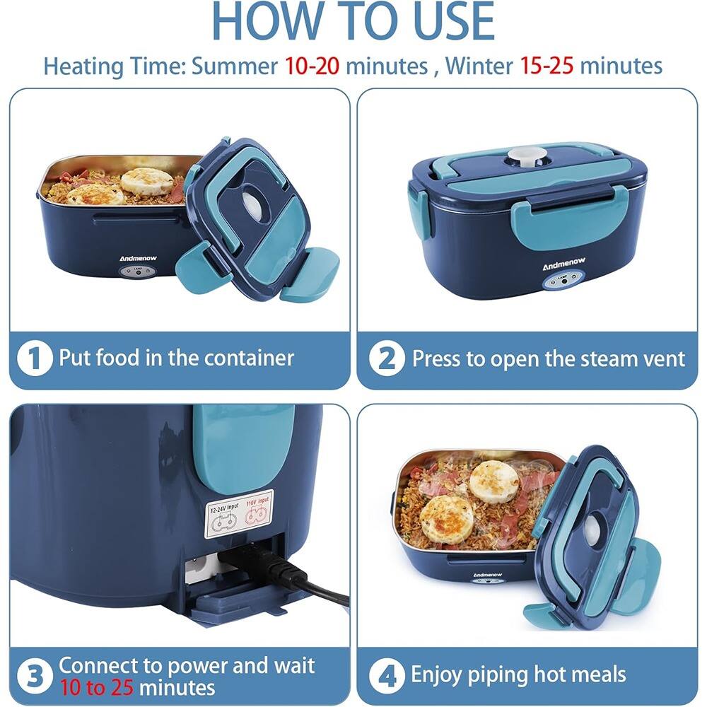 Sure, here is the corrected and grouped text:

---

**HOW TO USE**

**Heating Time:**
- Summer: 10-20 minutes
- Winter: 15-25 minutes

1. Put food in the container
2. Press to open the steam vent
3. Connect to power and wait 10 to 25 minutes
4. Enjoy piping hot meals

---
