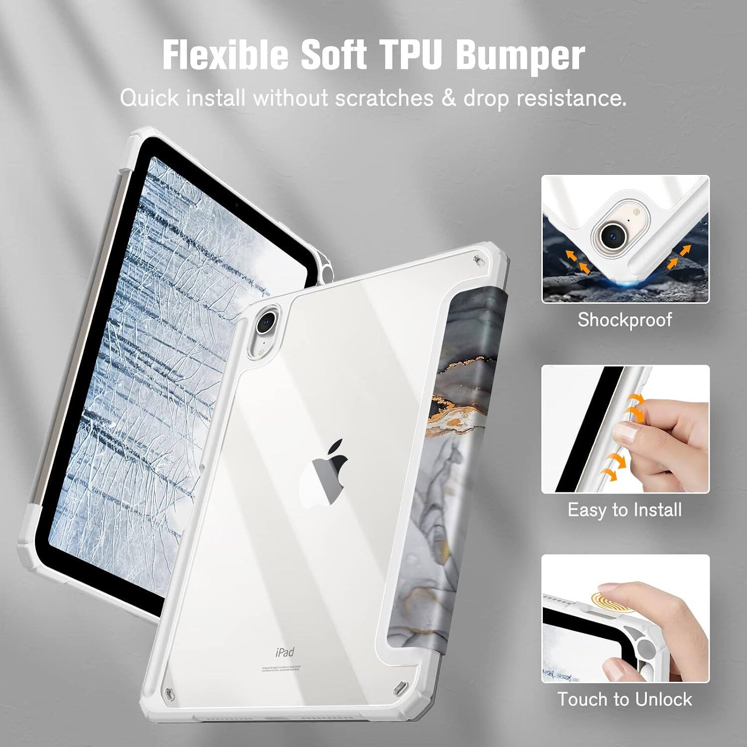Flexible Soft TPU Bumper  
Quick install without scratches & drop resistance.  
Shockproof  
Easy to Install  
iPad  
Touch to Unlock