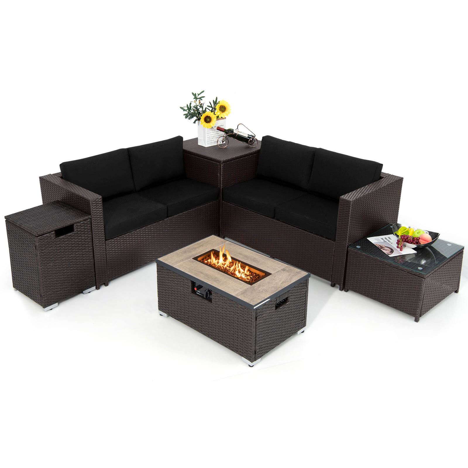 Front. Costway - Costway 6PCS Outdoor Wicker Furniture Set with 32" Propane Fire Pit Table & Tank Holder - Mix Brown & Black.