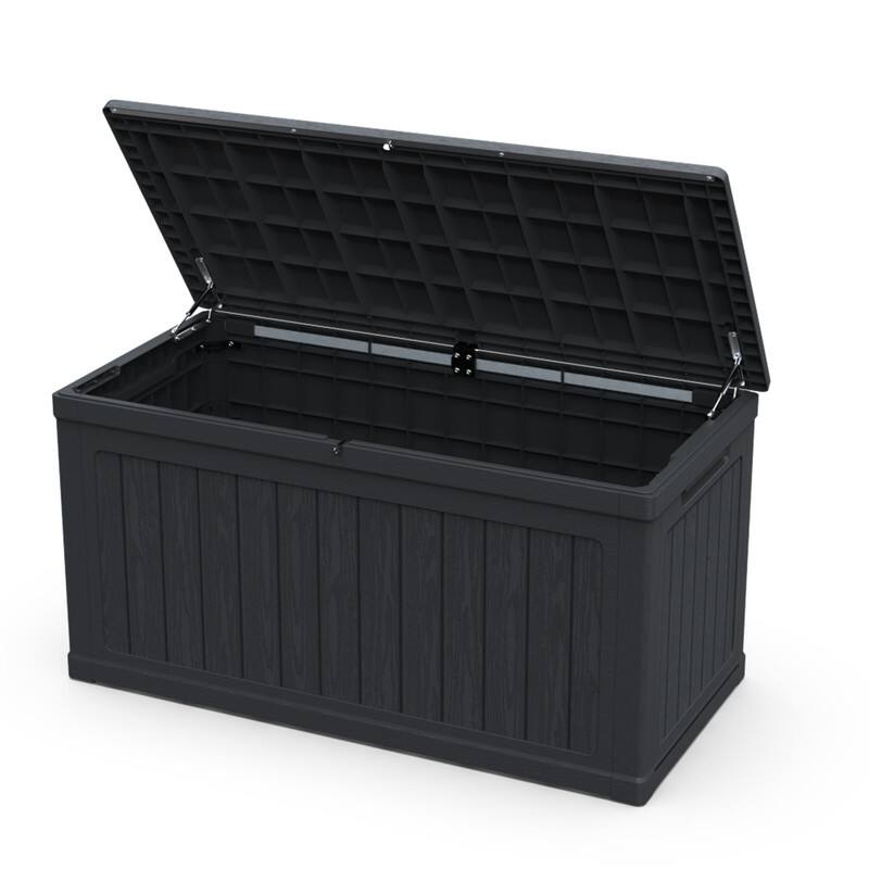 Alt View 2. HTUTWOO - 230 Gallon Large Outdoor Storage Deck Box - XXL Waterproof Resin Container for Patio Garden Pools Equipment, Lockable - Black.