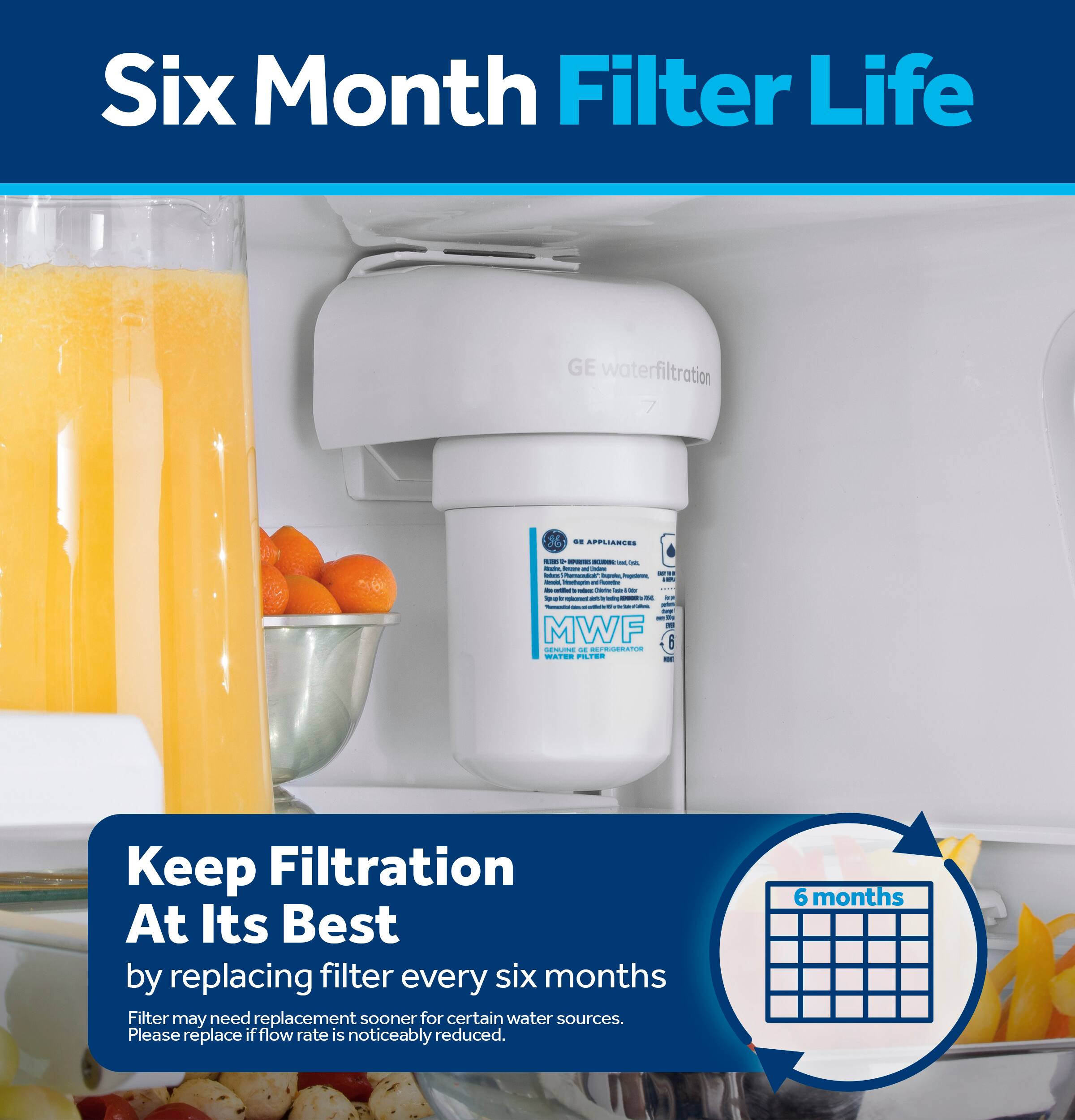 Six Month Filter Life GE waterfiltration -- APPLIANCE

Keep Filtration At Its Best by replacing filter every six months. Filter may need replacement sooner for certain water sources. Please replace if flow rate is noticeably reduced. 6 months