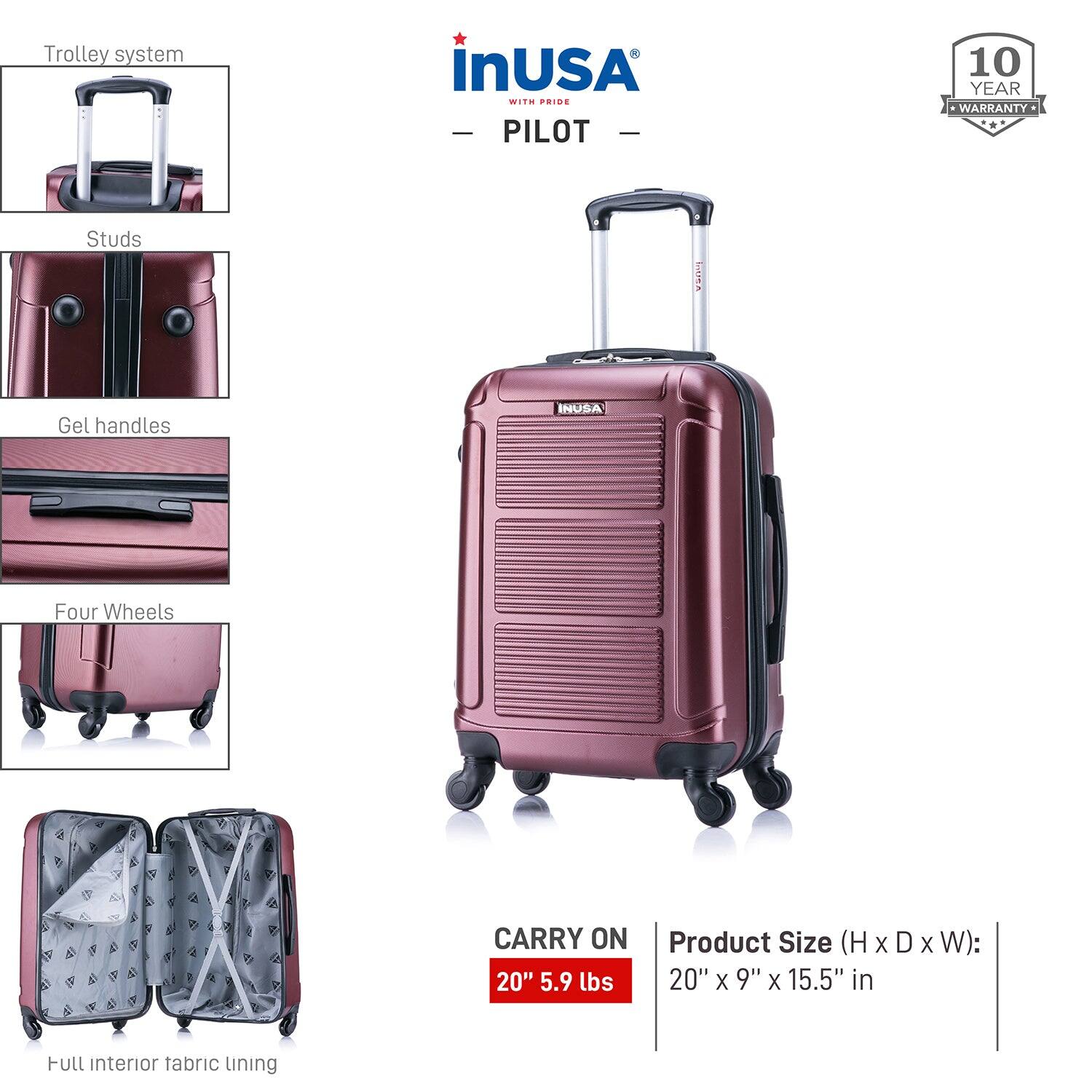 - Trolley system
- Studs
- Gel handles
- Four Wheels
- Full interior fabric lining

CARRY ON 20" 5.9 lbs

Product Size (H x D x W): 20" x 9" x 15.5" in

10 YEAR WARRANTY