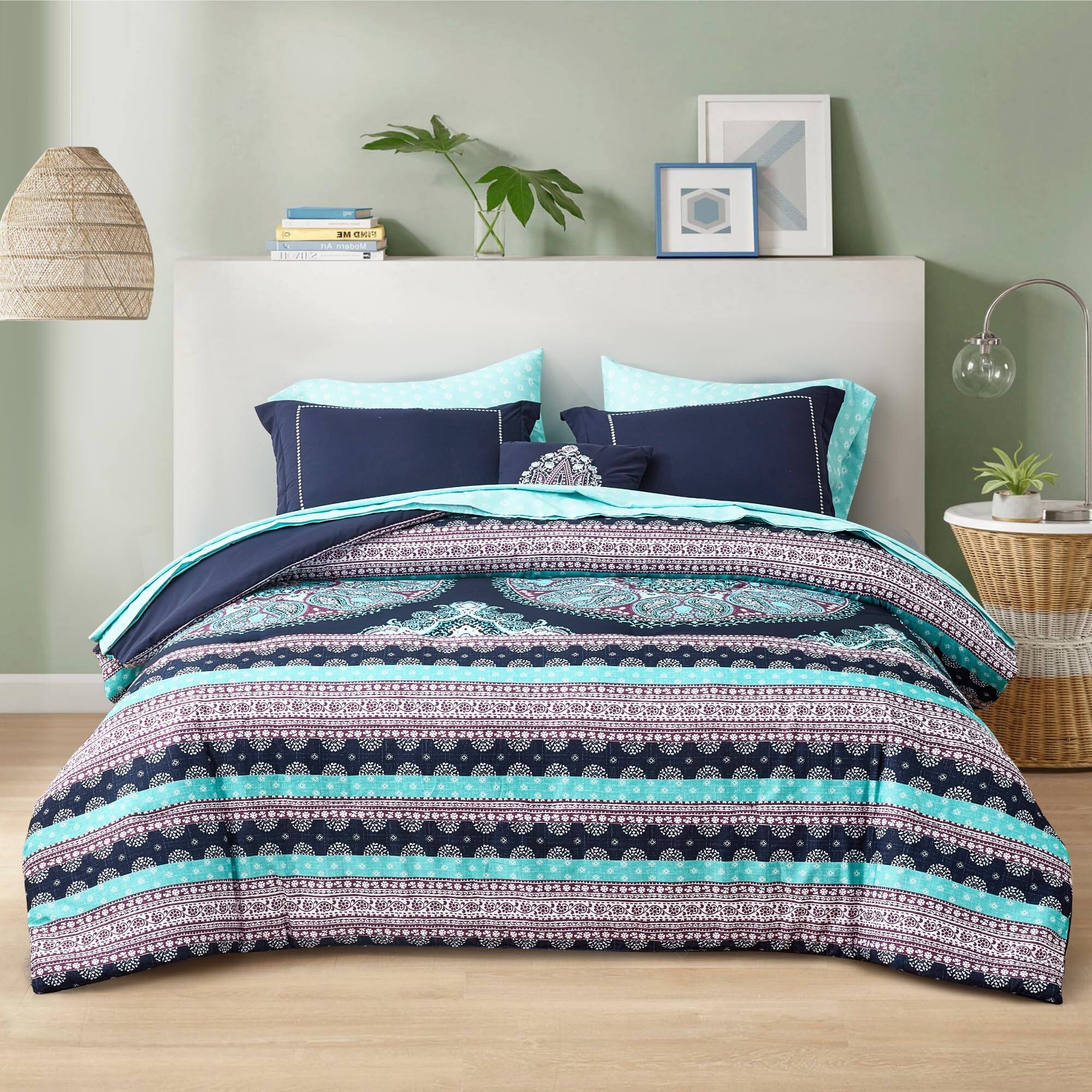 Back. PO3TICJUNKI3 - Complete Comforter Sets Boho Mandala Bed In A Bag Microfiber Bedding Set With Side Pockets Matching - Coral-Twin.