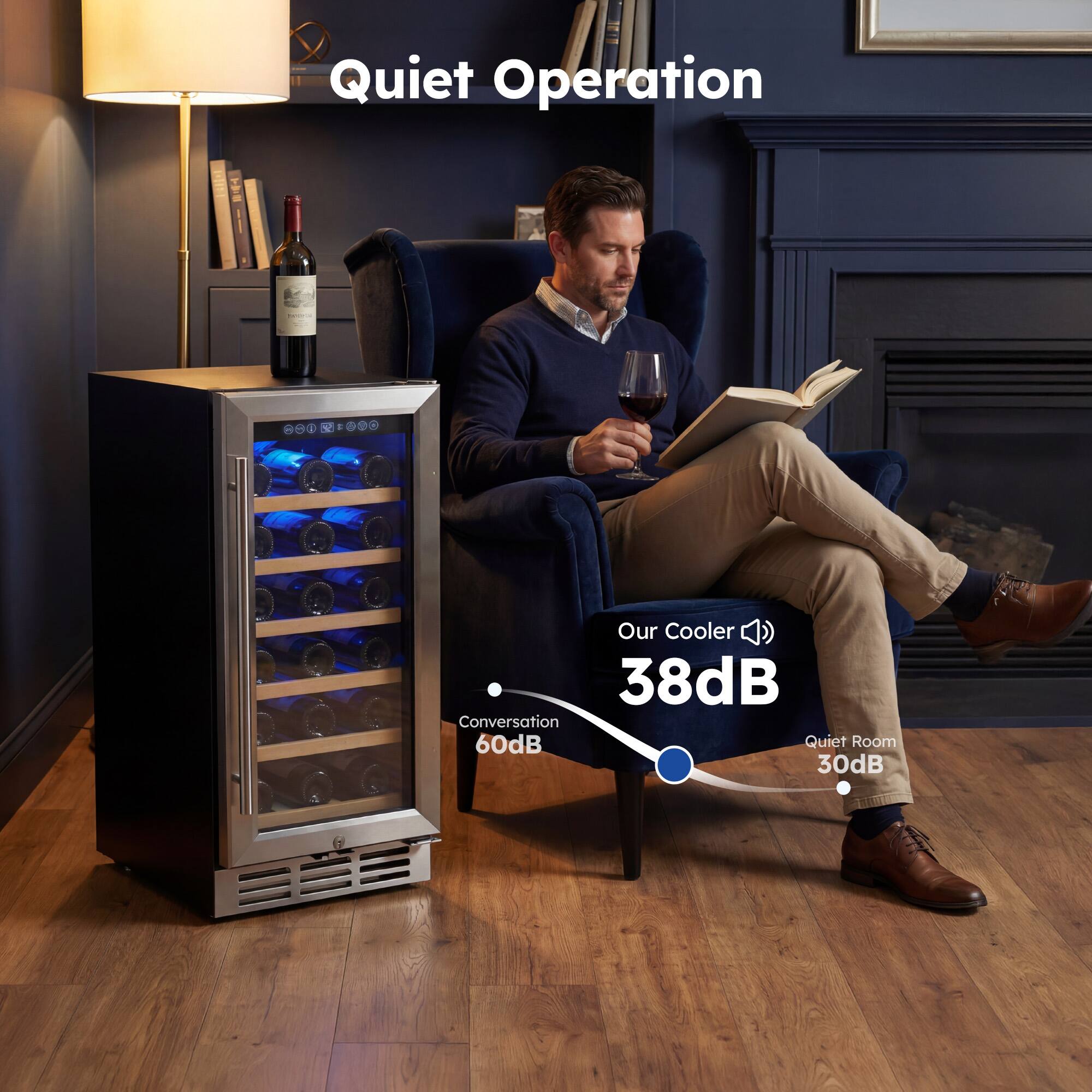 Quiet Operation

Our Cooler 38dB  
Conversation 60dB  
Quiet Room 30dB