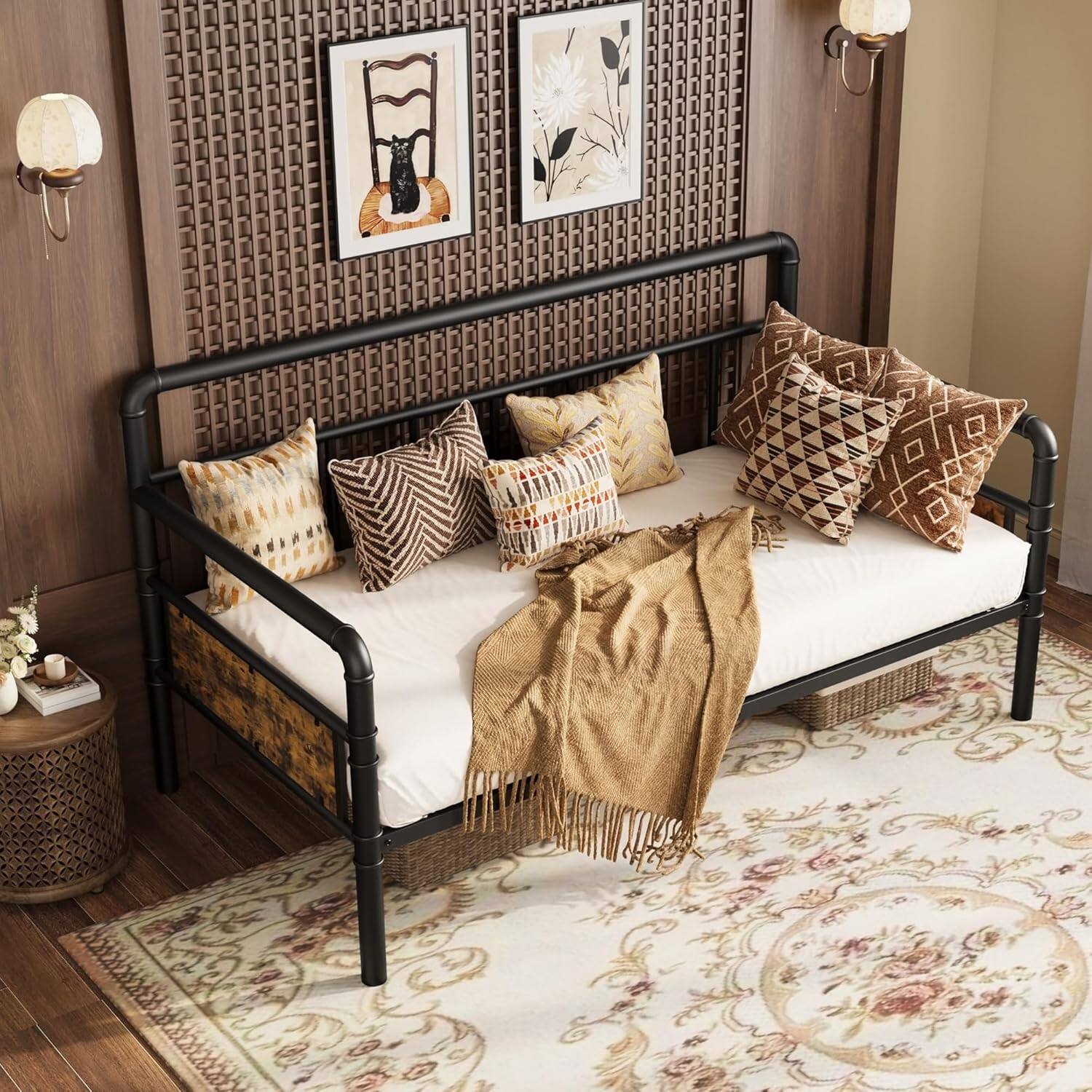 Front. Qeetex - Twin Daybed Frame, Classic Headboard Design, Metal & MDF Sofa Bed with Slat Support, Easy Assembly - Vintage Black.