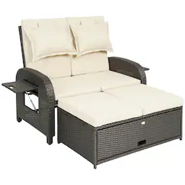 Outsunny - Rattan Daybed, Wicker Outdoor Daybed with Storage Ottoman, Loveseat with Adjustable Backrest - Beige