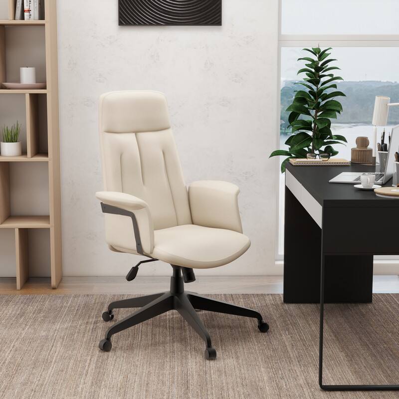 Left. LeisureMod - Inifini High Back Office Chair Ergonomic PU Leather Lumbar Support Foam Cushion Iron Frame - Tan.