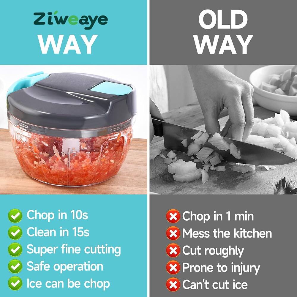 **Ziweaye WAY**

- Chop in 10s
- Clean in 15s
- Super fine cutting
- Safe operation
- Ice can be chop

**OLD WAY**

- Chop in 1 min
- Mess the kitchen
- Cut roughly
- Prone to injury
- Can't cut ice