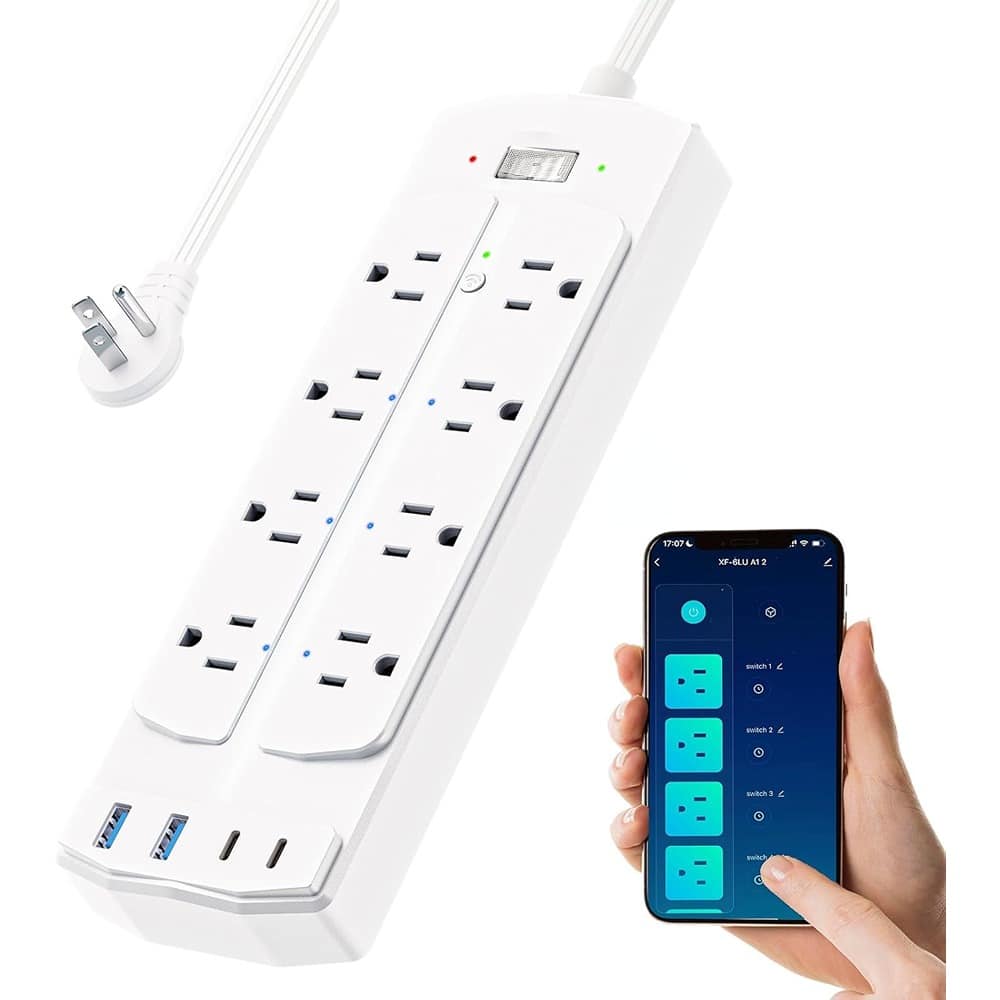 MOSZAR LLC - Smart Power Strip, 6 Outlets, 4 USB Ports, 5FT Flat Plug, Surge Protector - White