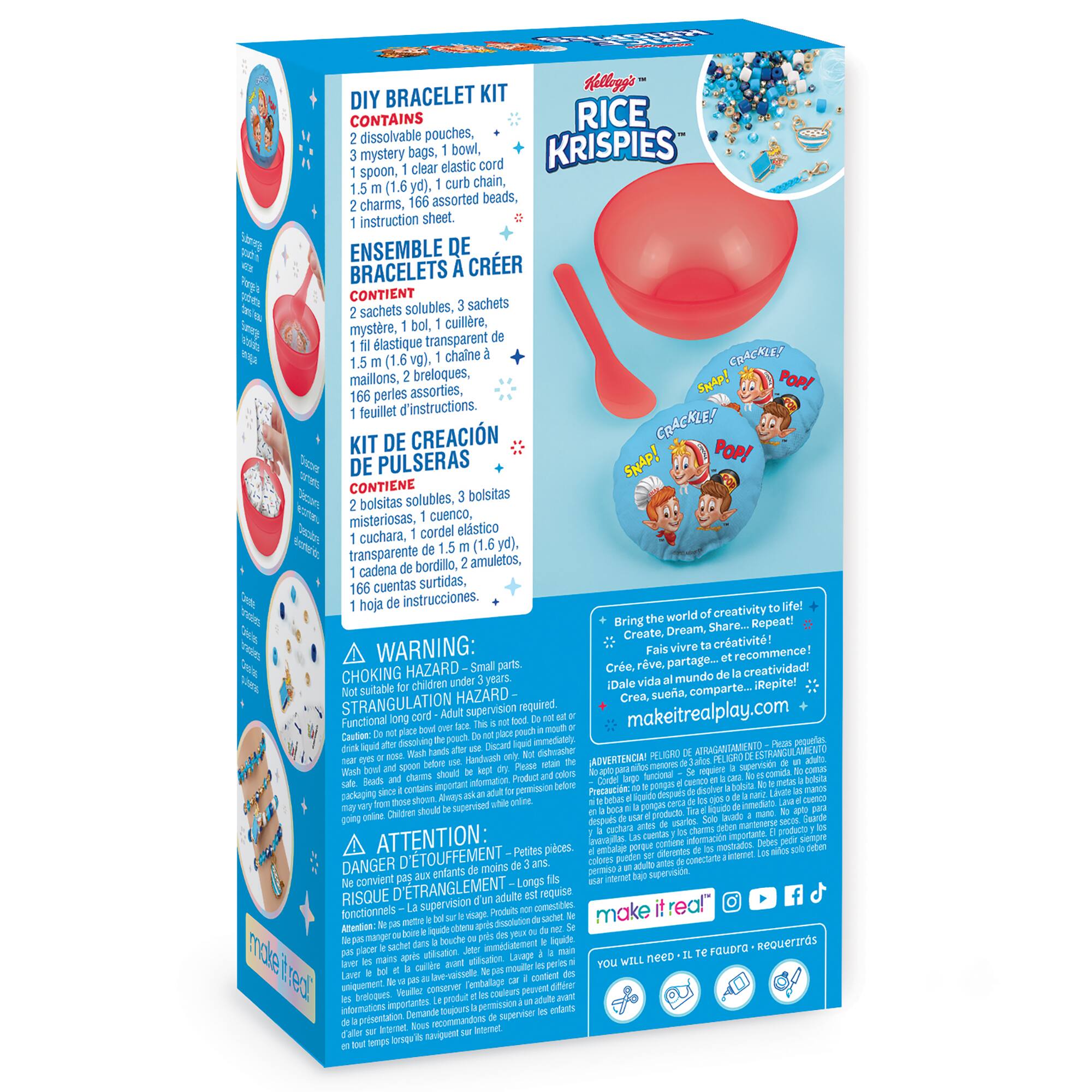 The box contains a DIY bracelet kit that includes Rice Krispies dissolvable pouches, a bowl, a spoon, clear elastic cord, a charm, and 166 assorted beads. The kit also comes with an instruction sheet. The box is blue and has a warning label stating that small parts pose a choking hazard and that adult supervision is required. The kit is designed to encourage creativity and sharing among children.